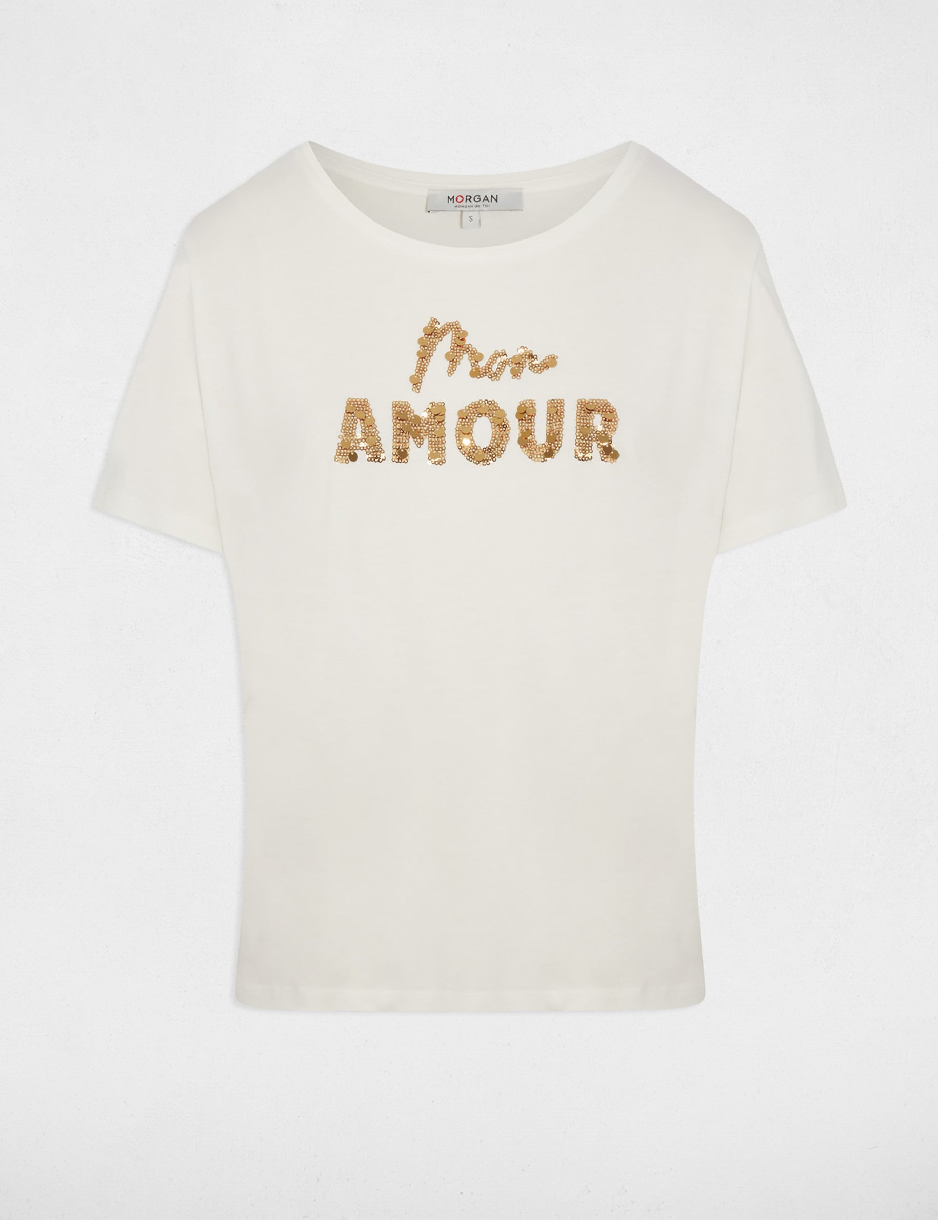 Camiseta bordada con lentejuelas blanco mujer