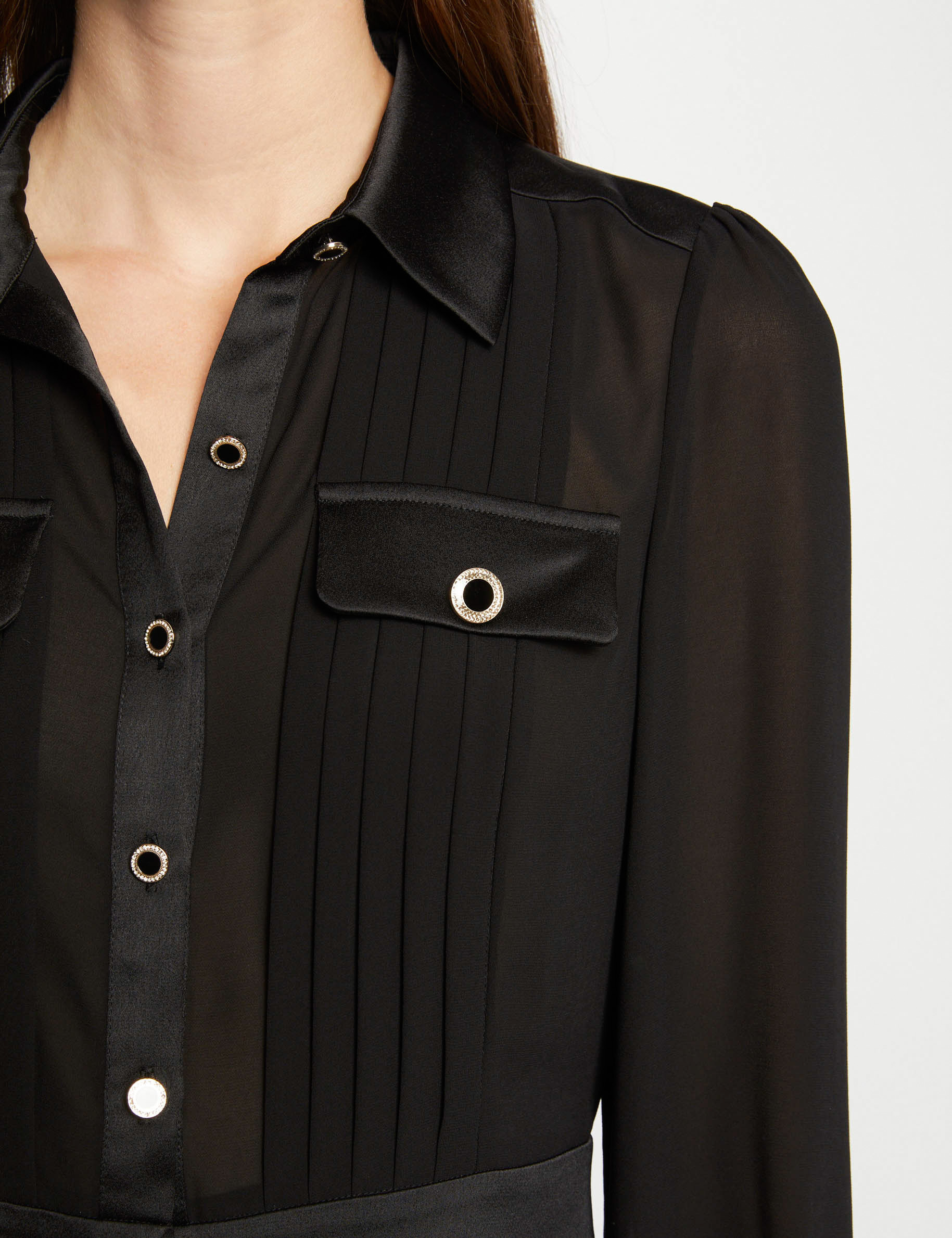 Camisa manga larga con pliegues negro mujer