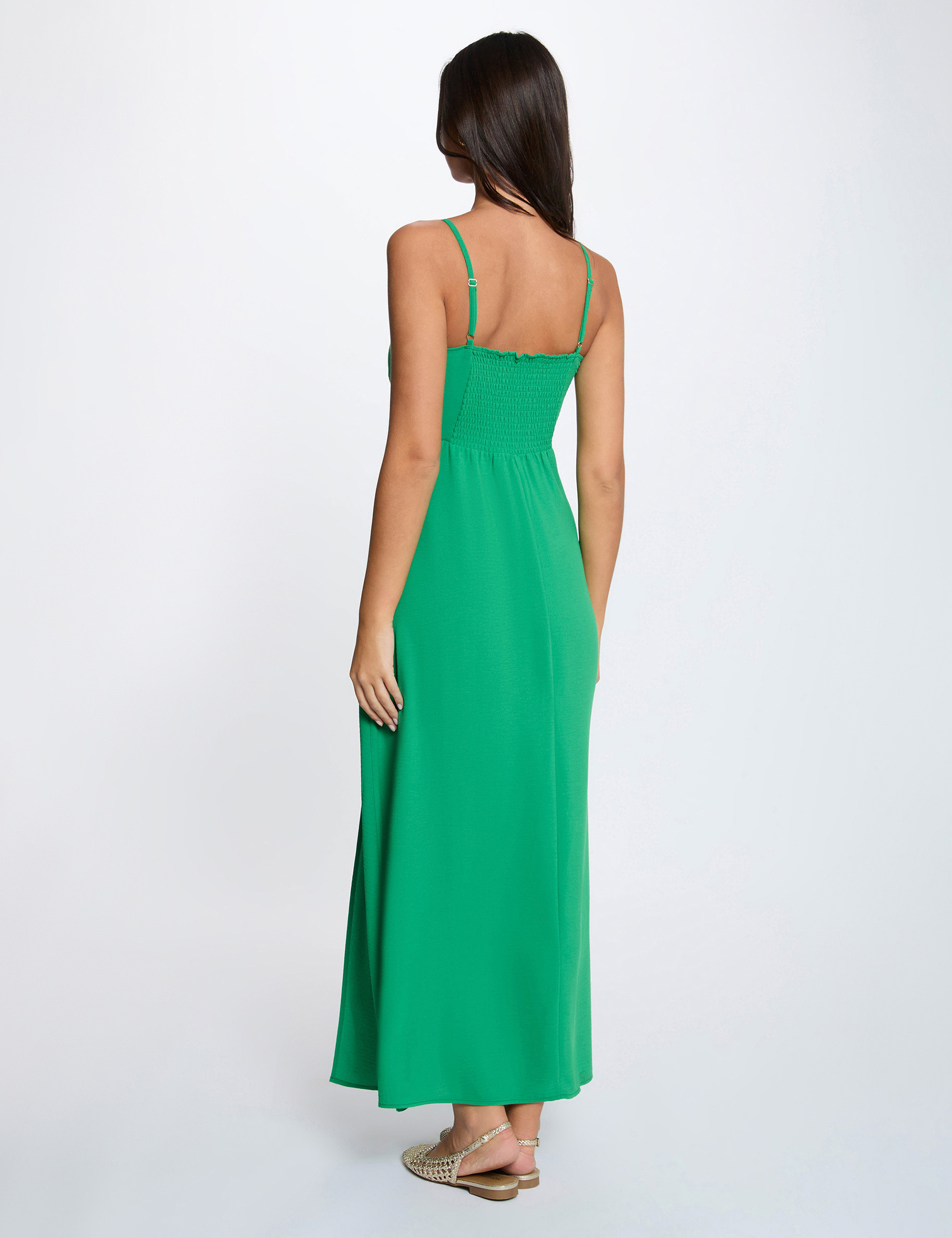Vestido largo recto abertura verde pradera mujer