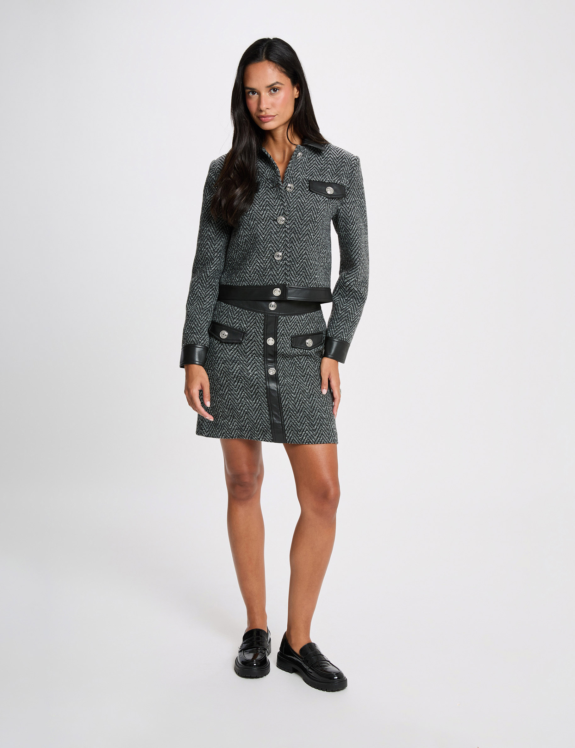 Chaqueta de tweed recta negro mujer
