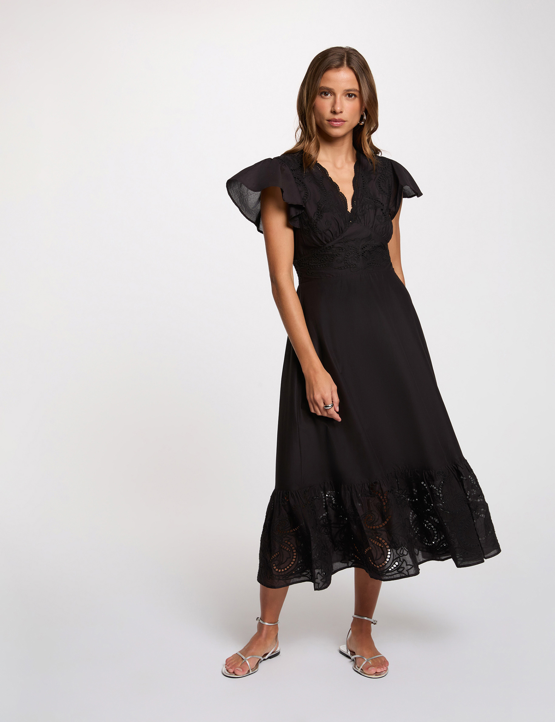 Vestido largo bordado negro mujer