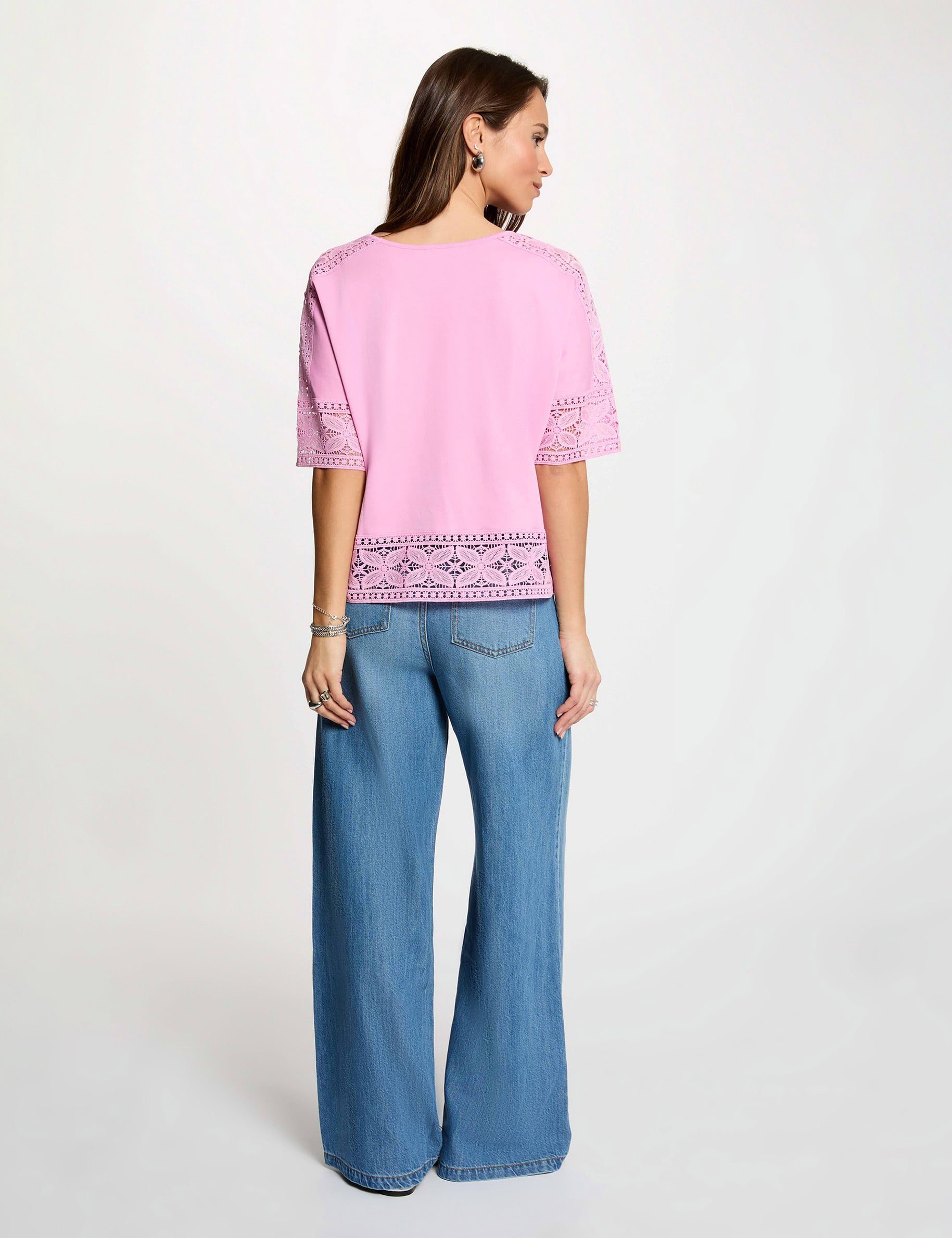 Camiseta de encaje cuello redondo rosa mujer