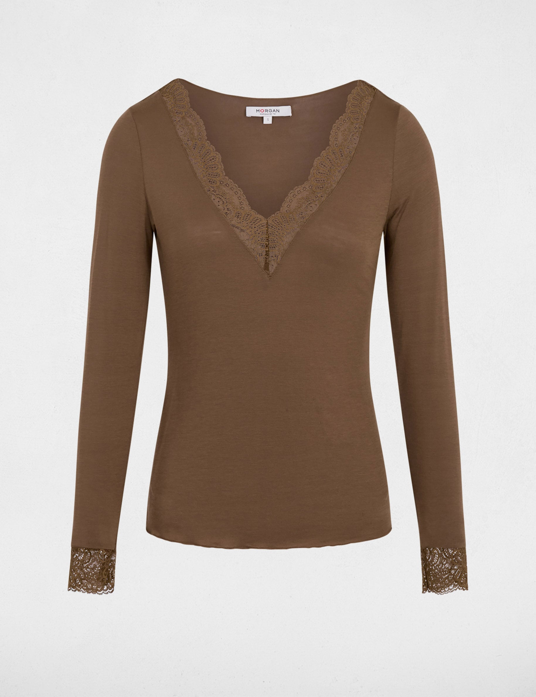 Camiseta cuello v encaje verde caqui mujer