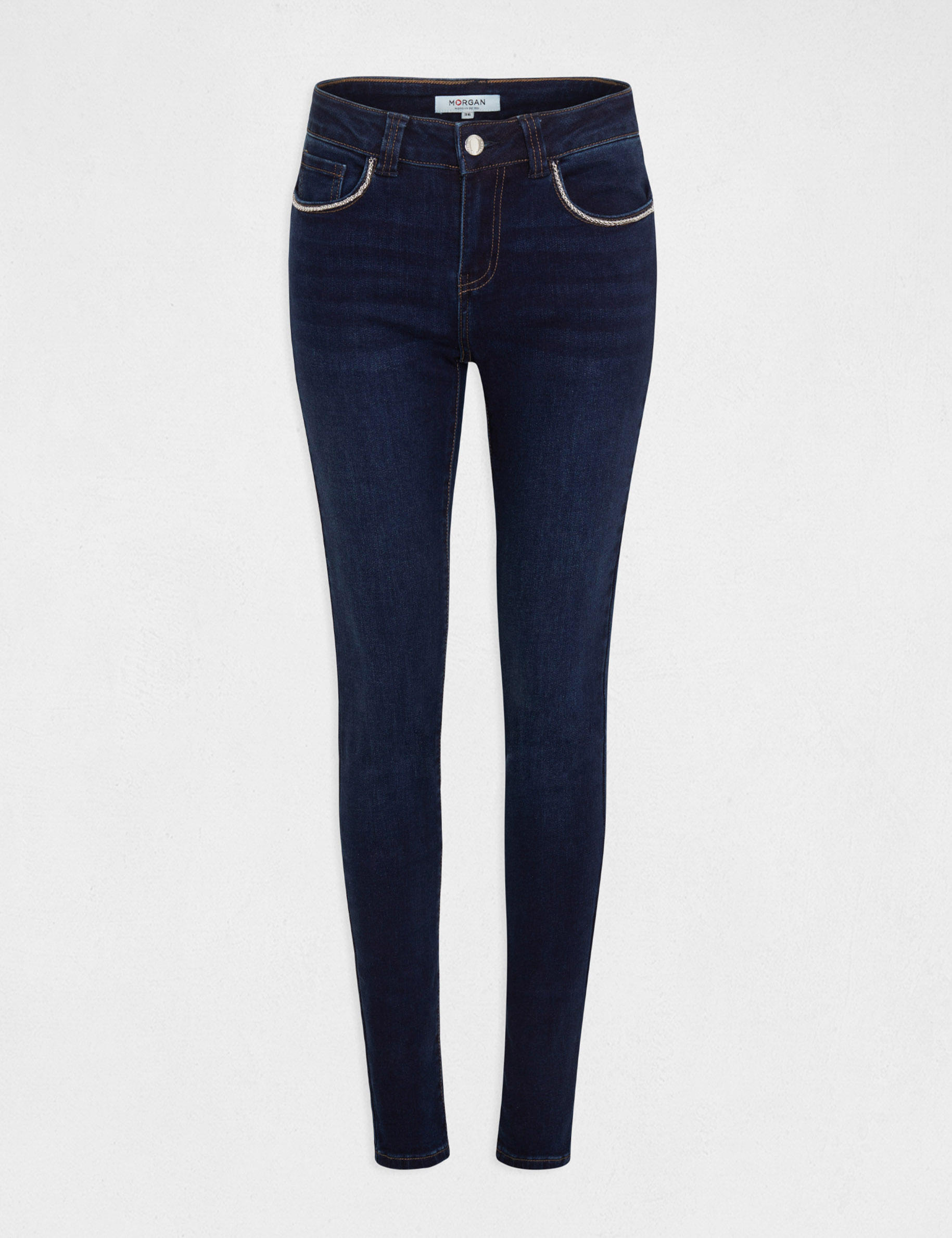 vaquero slim con detalles de cadena vaquero en bruto mujer Vaquero slim con detalles de cadena vaquero en bruto mujer