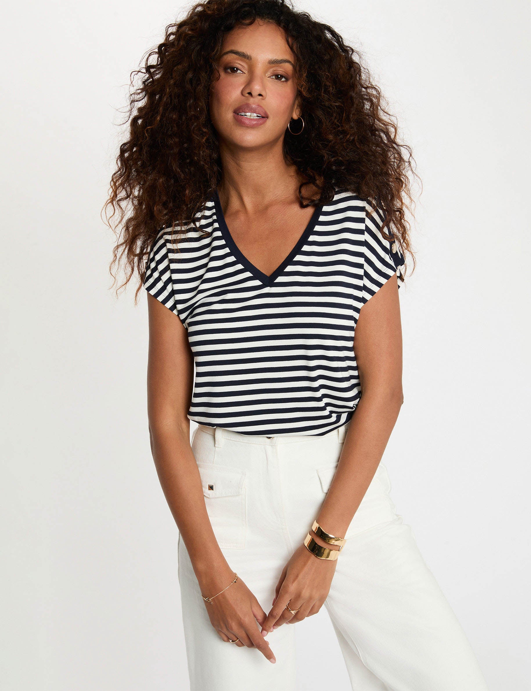 Camiseta de rayas con cuello v azul marino mujer