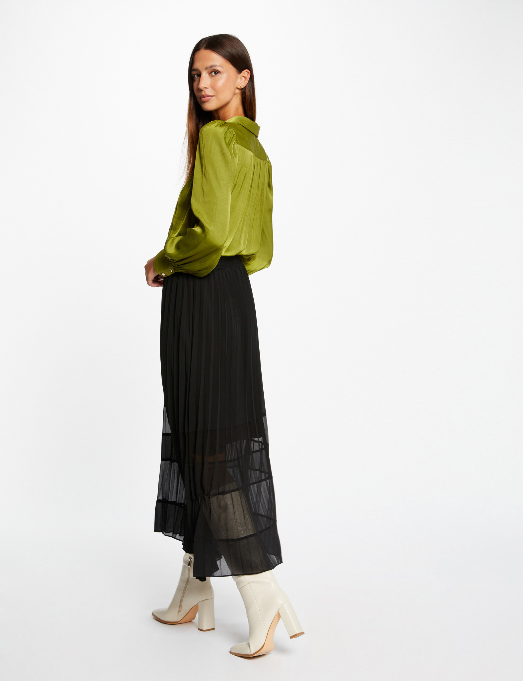 Camisa manga larga satinada anis mujer