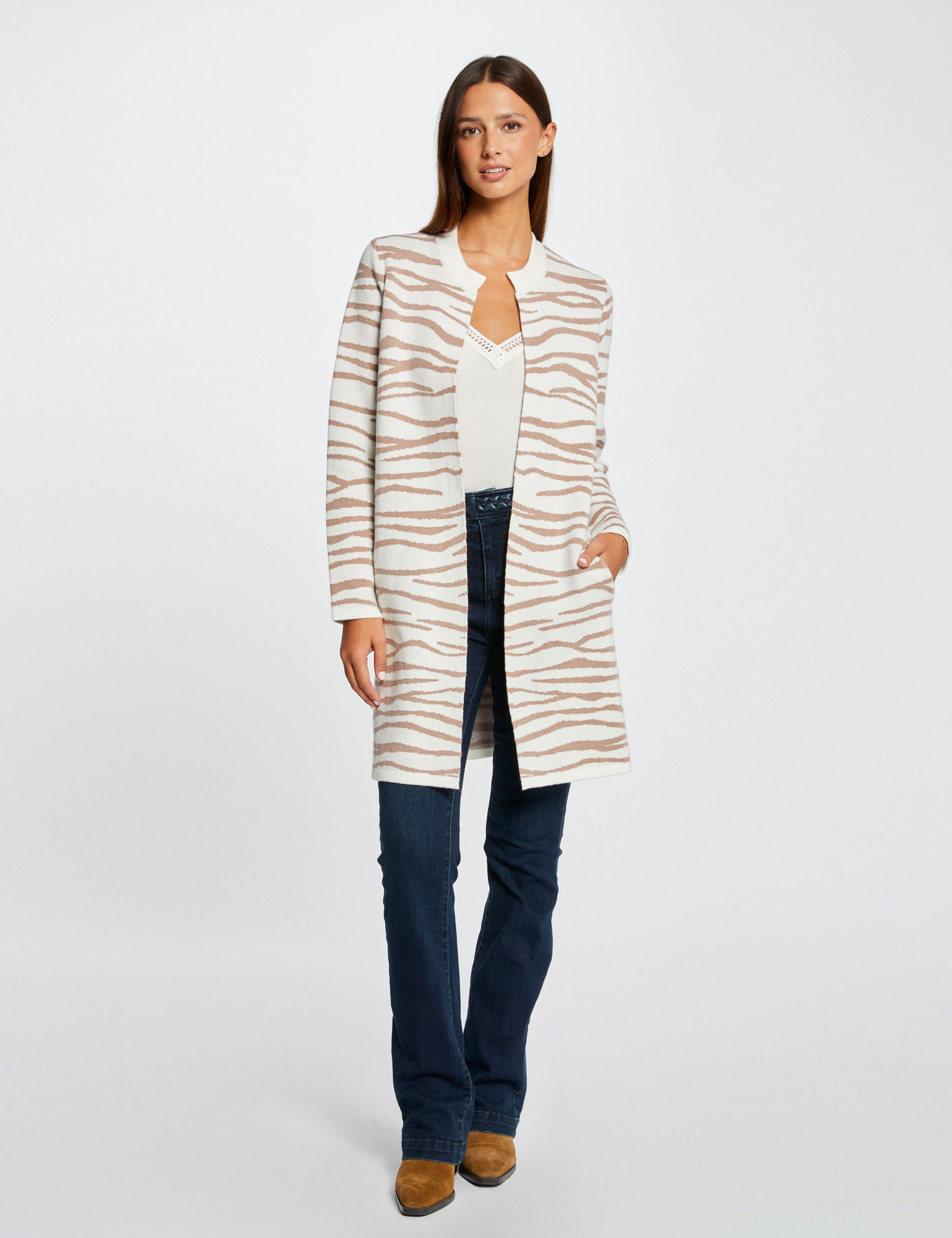 cardigan largo estampado de cebra crudo mujer Cárdigan largo estampado de cebra crudo mujer