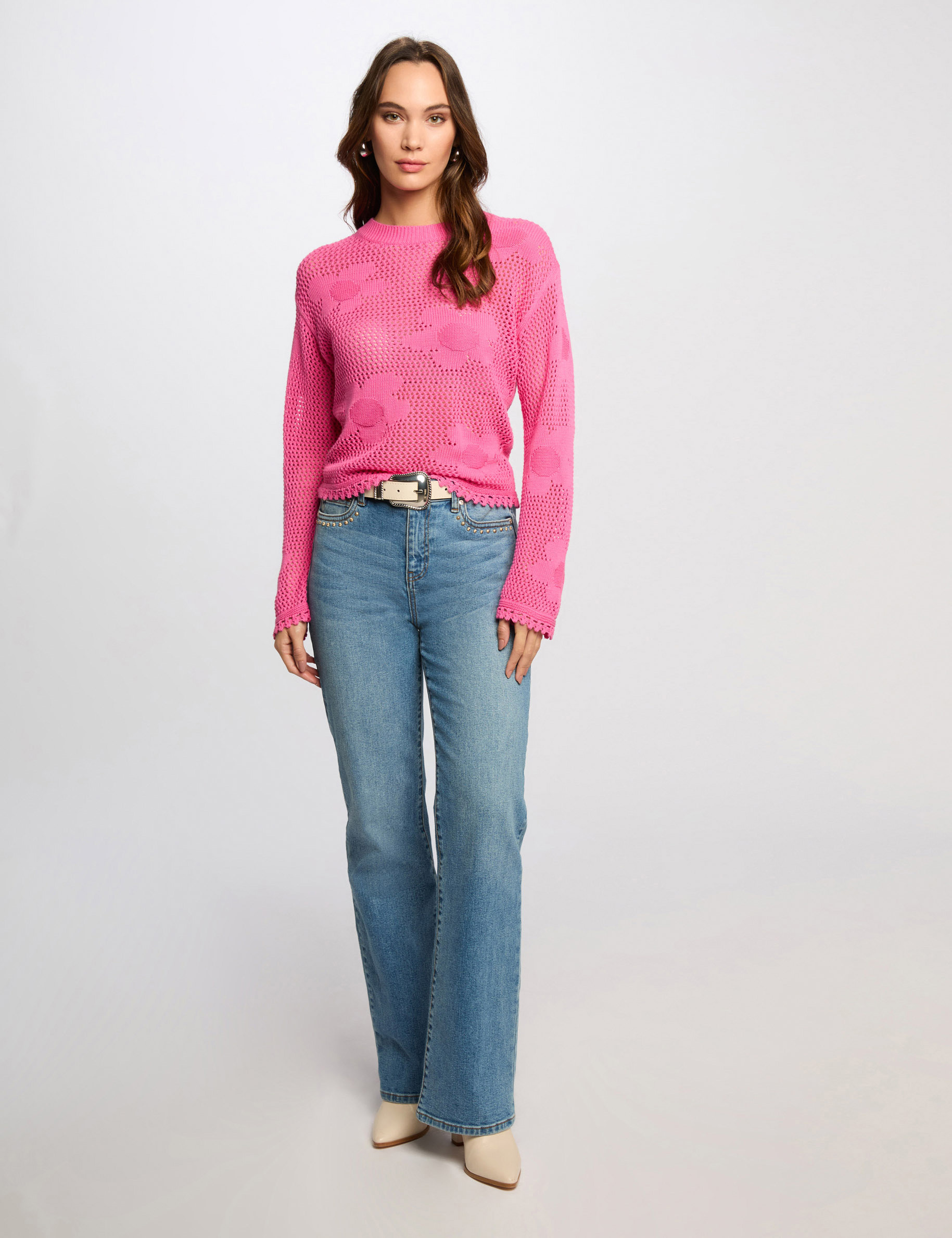jersey calado cuello redondo rosa mujer Jersey calado cuello redondo rosa mujer