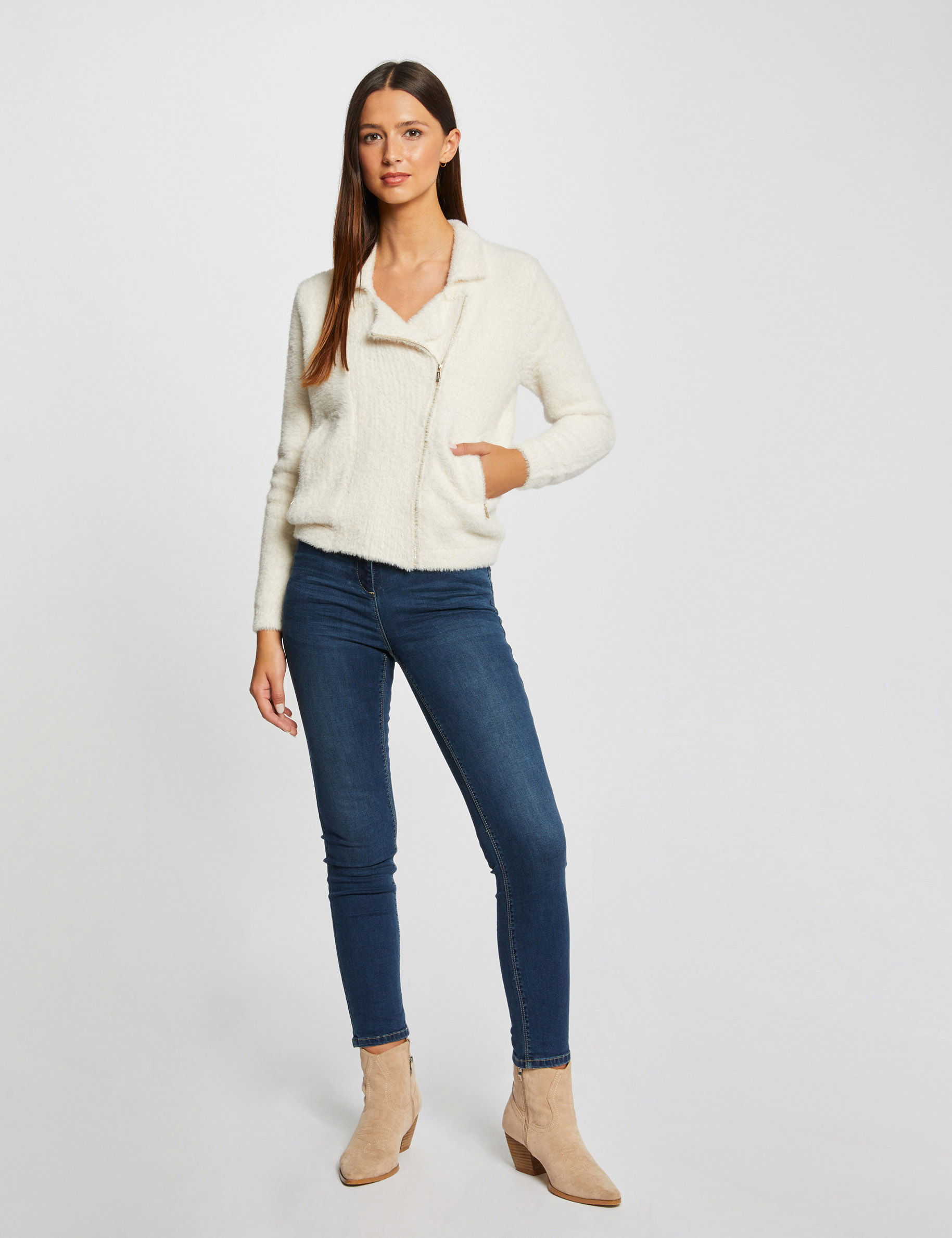cardigan con cremallera aterciopelado marfil mujer Cárdigan con cremallera aterciopelado marfil mujer