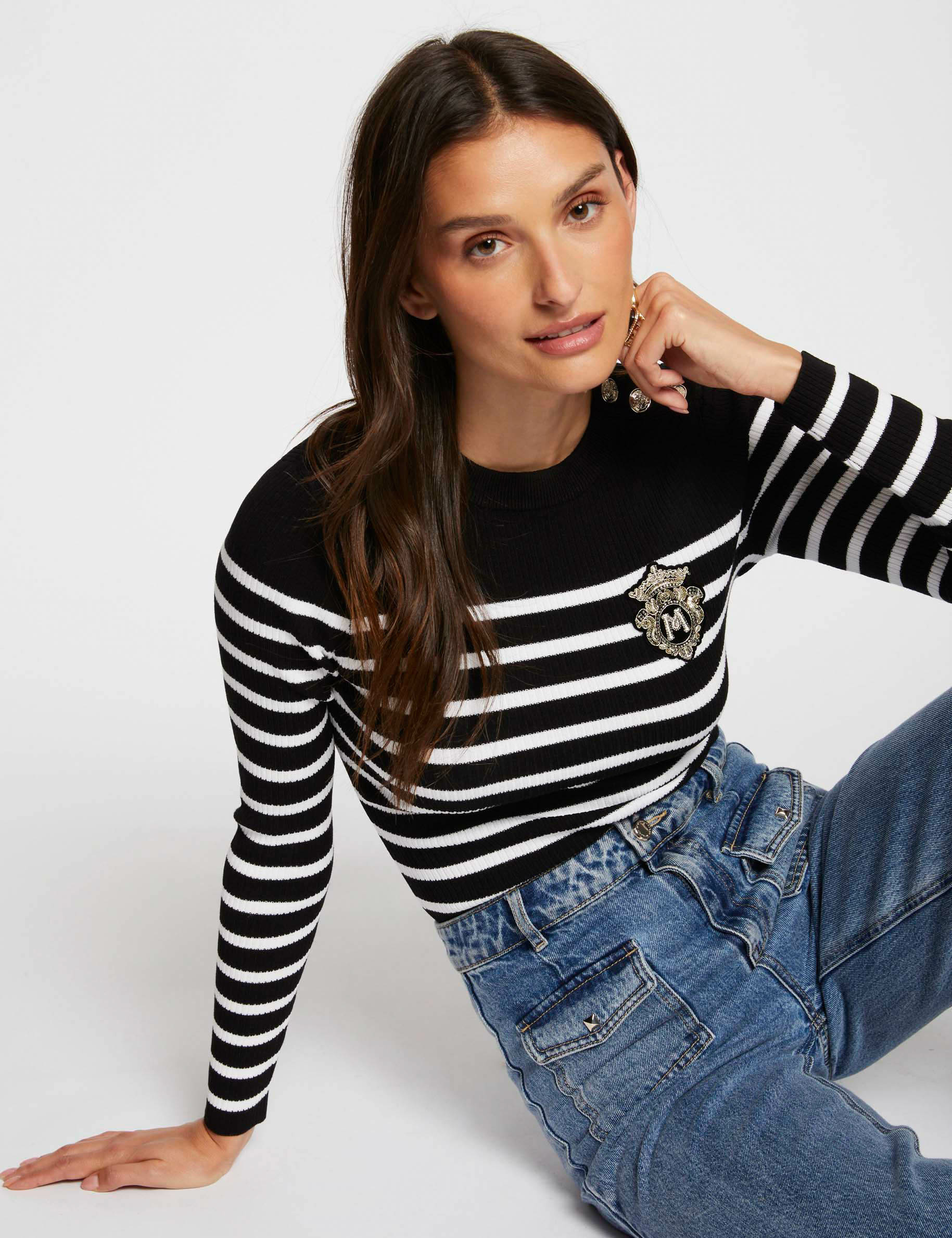 Jersey manga larga con rayas negro mujer