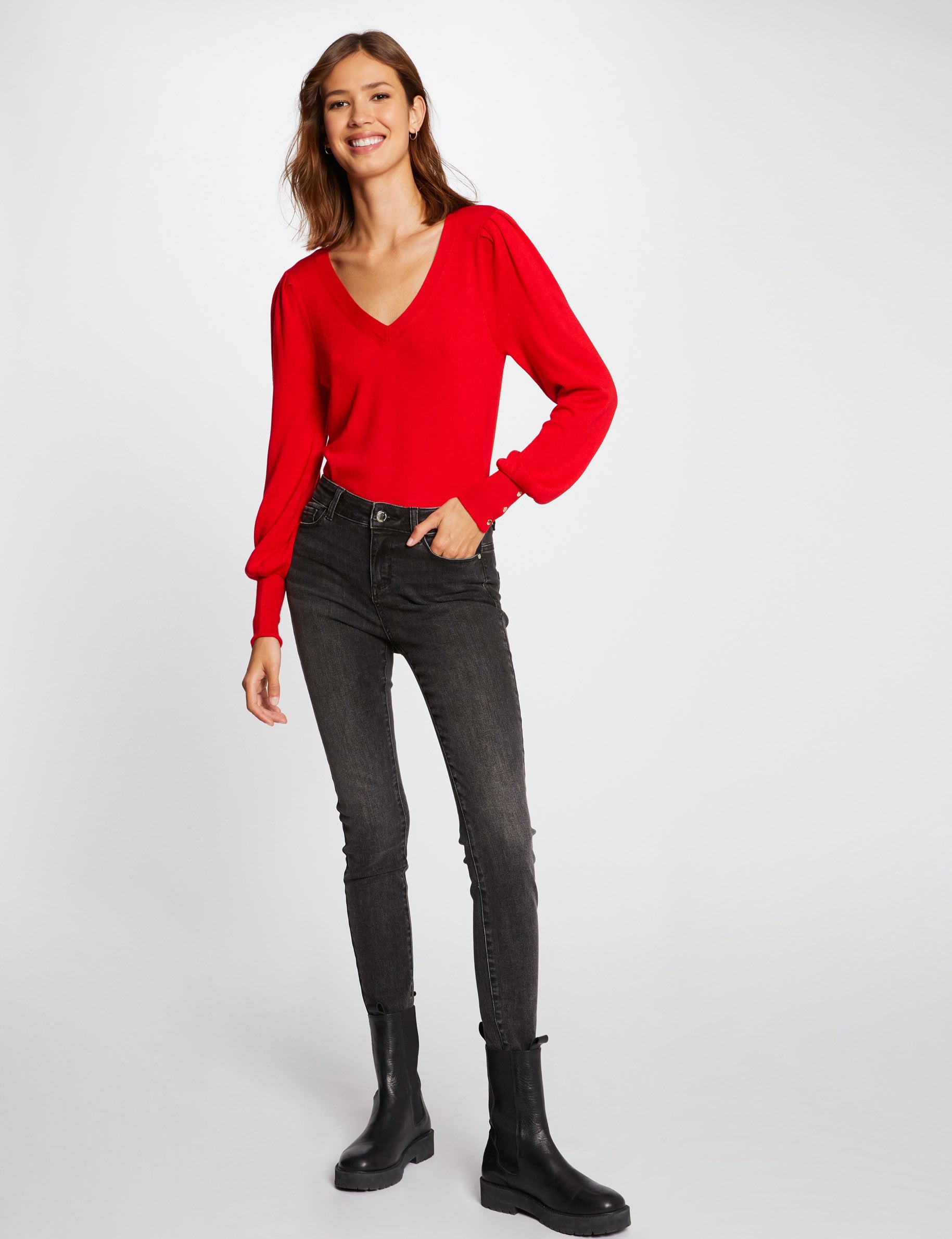 Jersey manga larga con escote en V rojo mujer