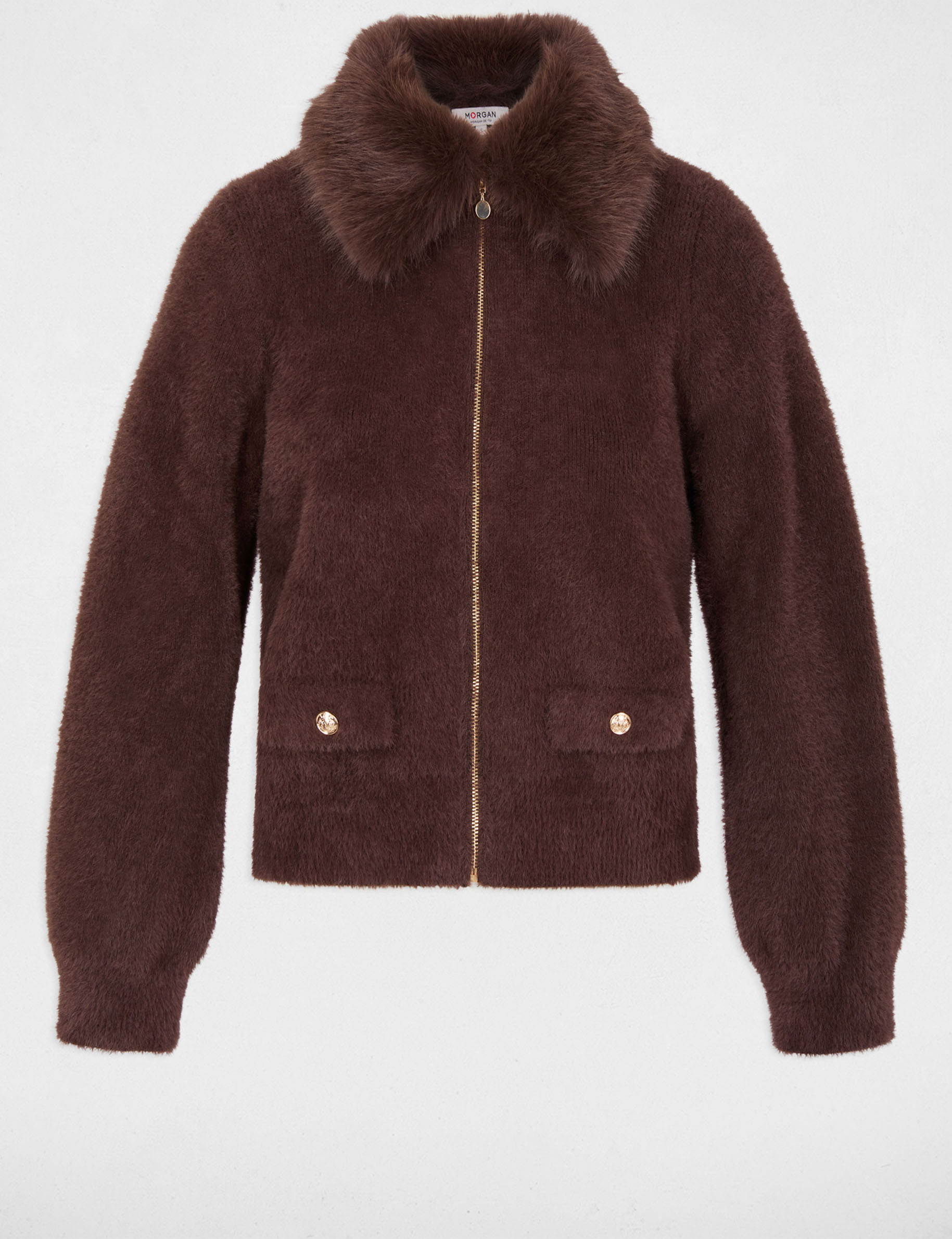 Chaqueta con cuello de piel marr&oacute;n oscuro mujer