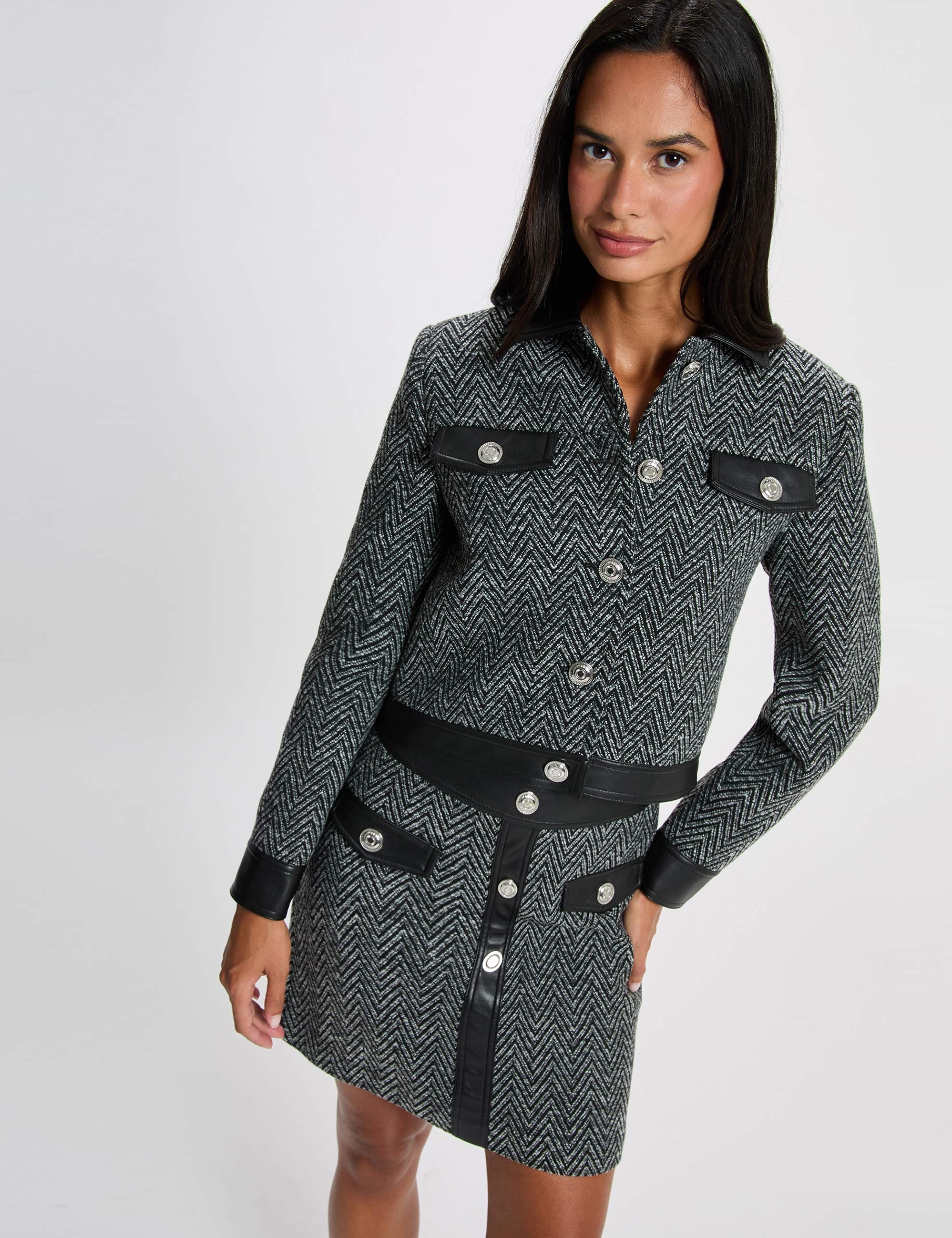 Chaqueta de tweed recta negro mujer