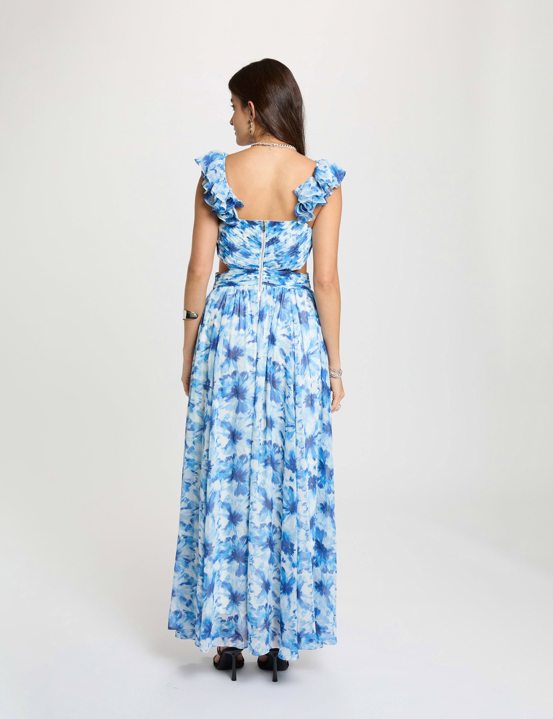 Vestido largo floral acampanado azul marino mujer