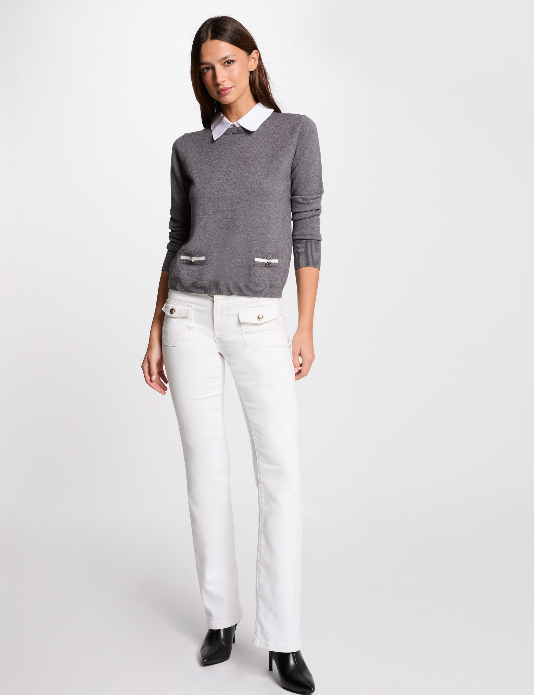 jersey cuello tipo camisa gris claro mujer Jersey cuello tipo camisa gris claro mujer