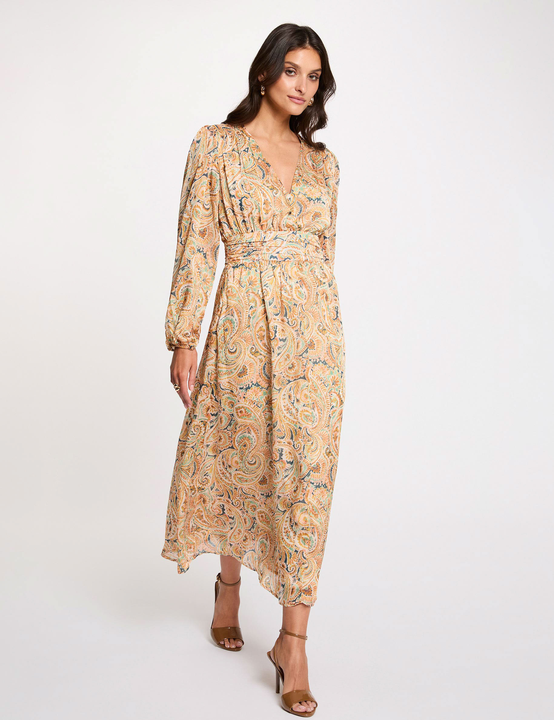 Vestido largo con mangas abullonadas multicolor mujer