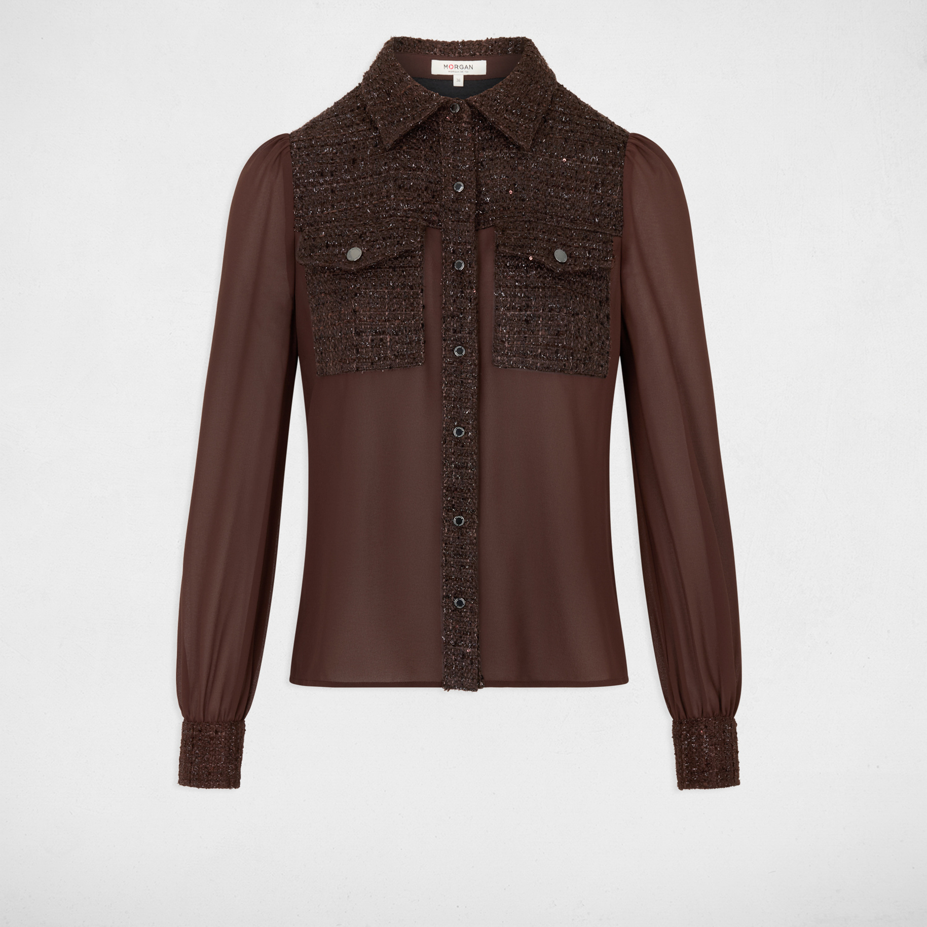 Camisa de tweed con cuello vuelto marr&oacute;n oscuro mujer