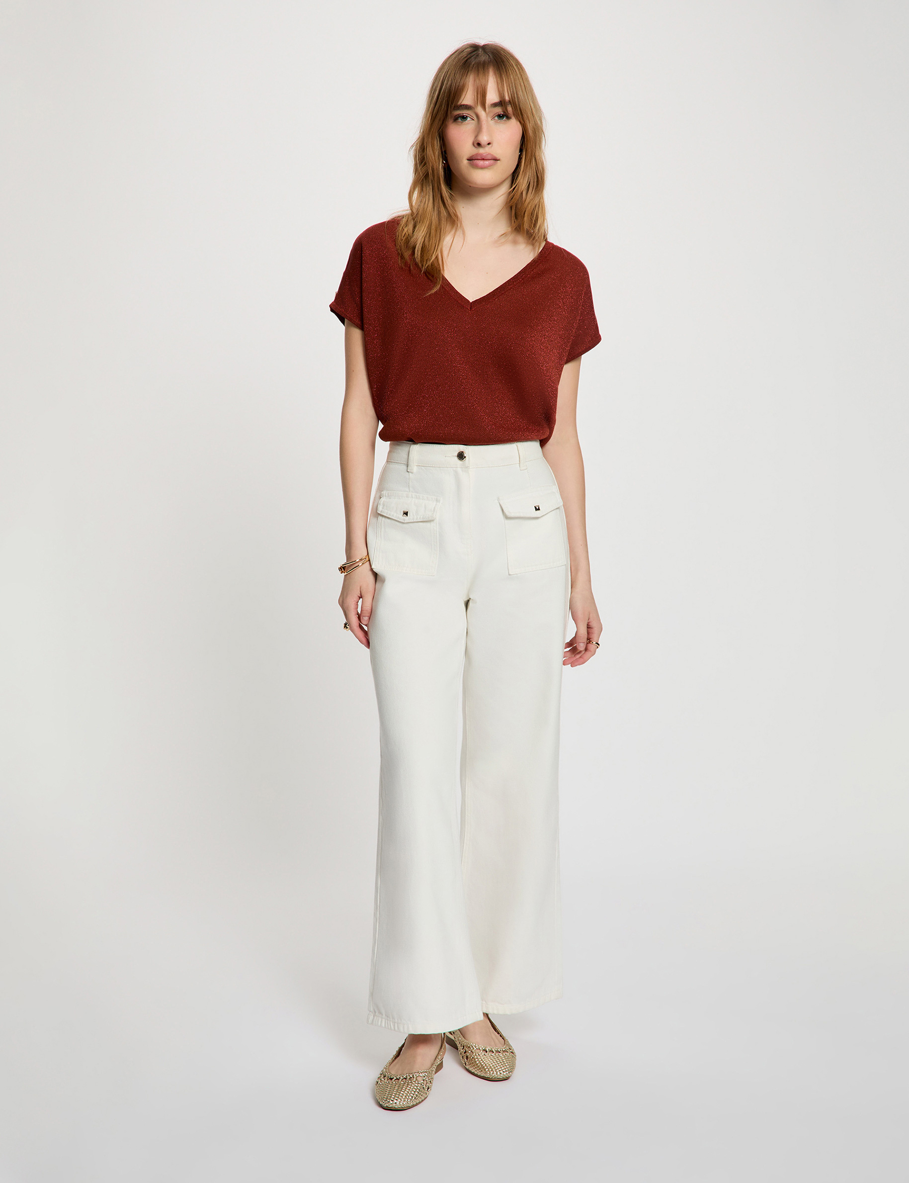 Jersey oversize con cuello v marr&oacute;n co&ntilde;ac mujer