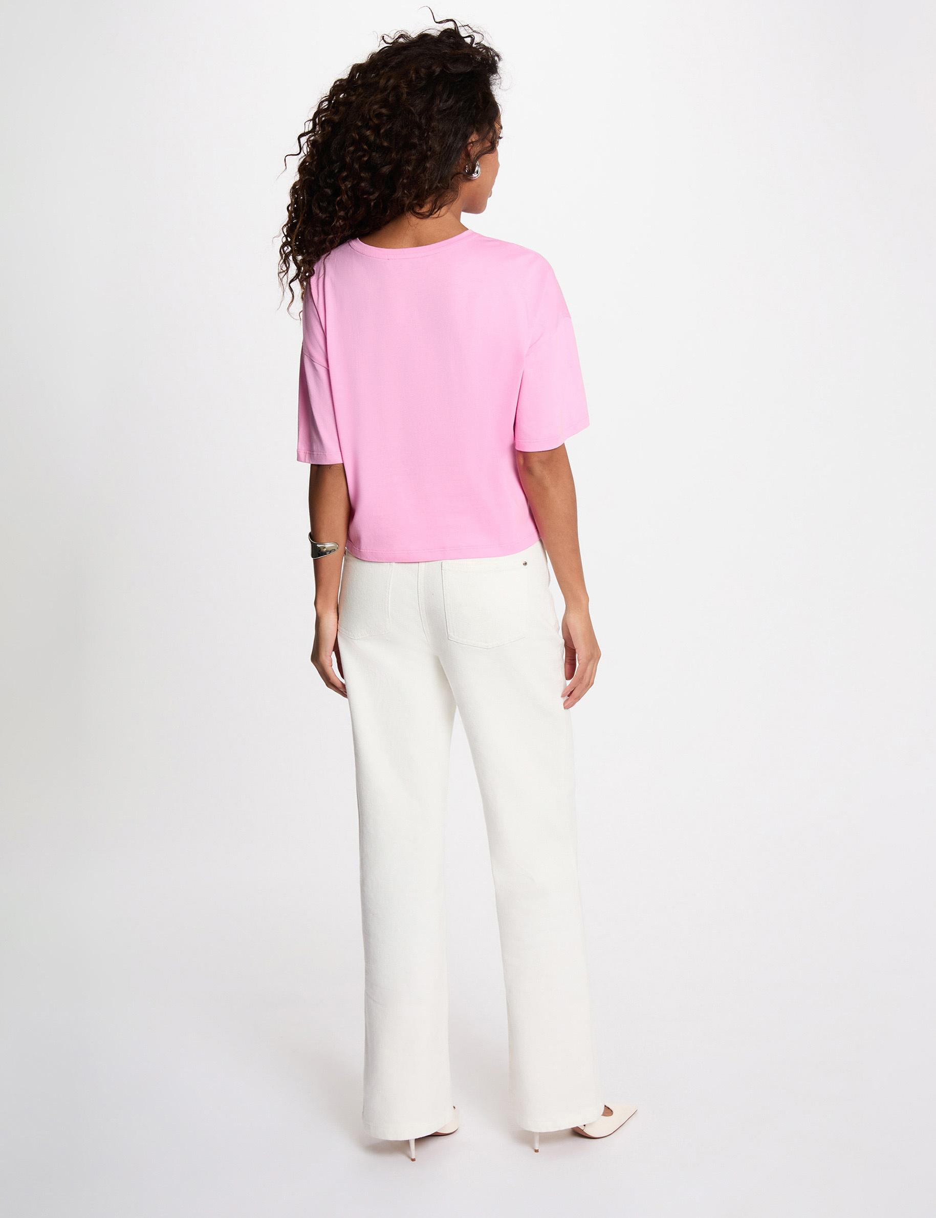Camiseta cropped estampada rosa mujer