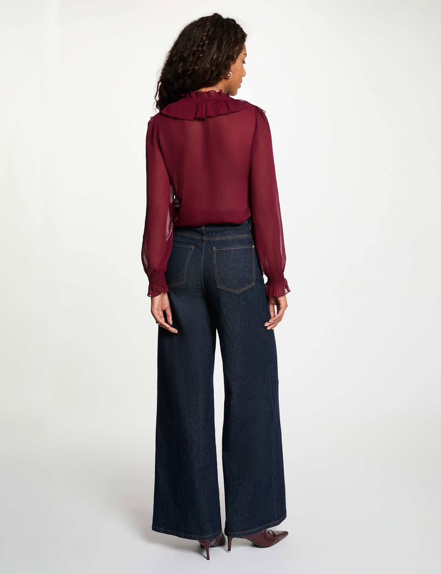 Camisa fluida con cuello en v burdeos mujer