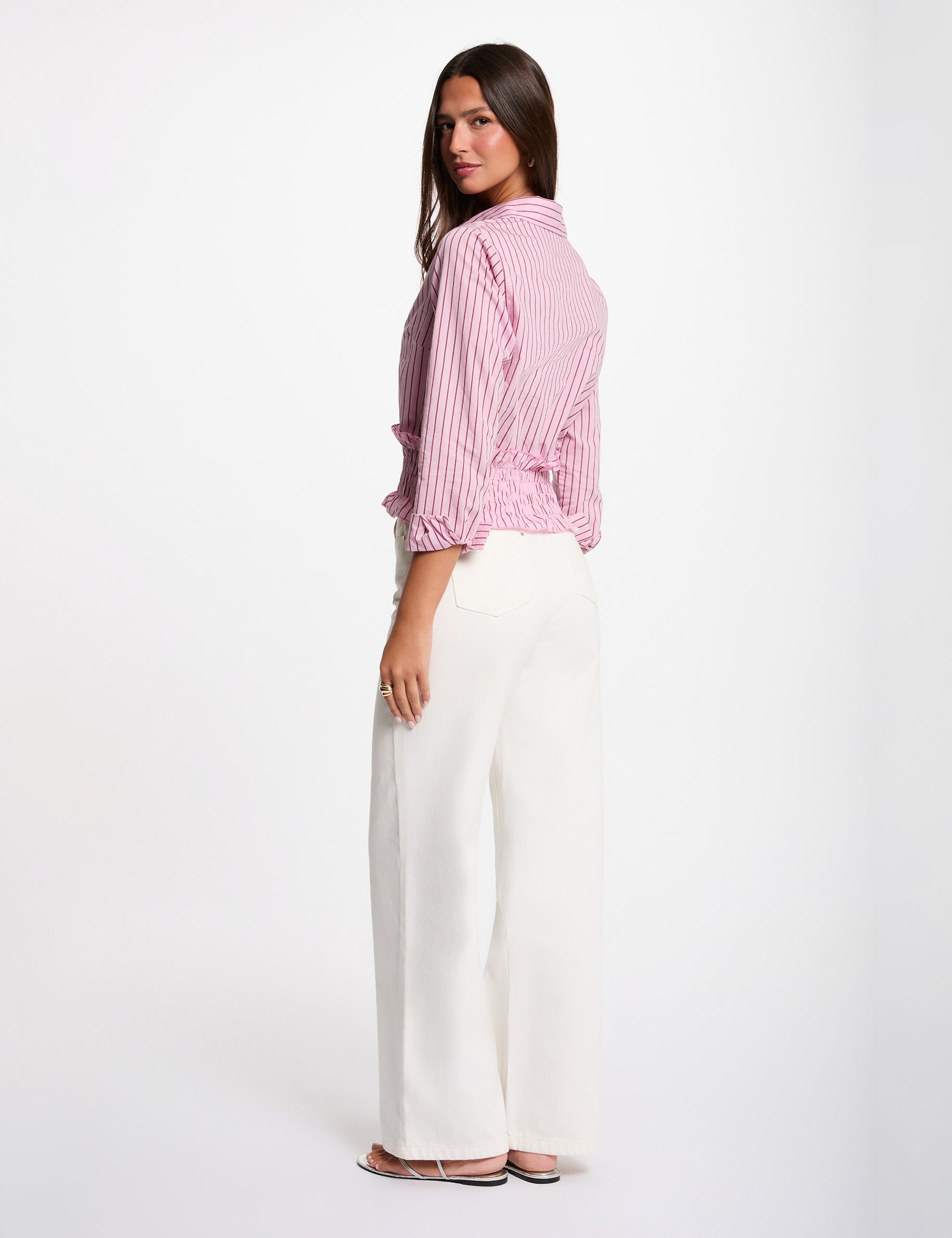 Camisa de rayas con cuello vuelto rosa mujer