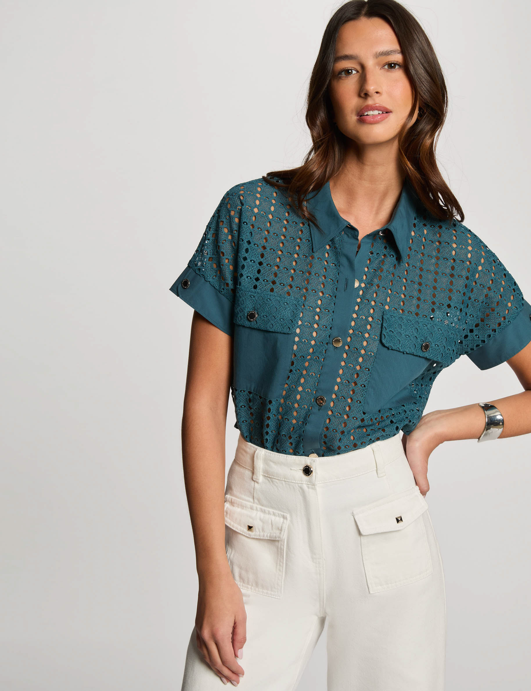 camisa manga corta azul petroleo mujer Camisa manga corta azul petróleo mujer