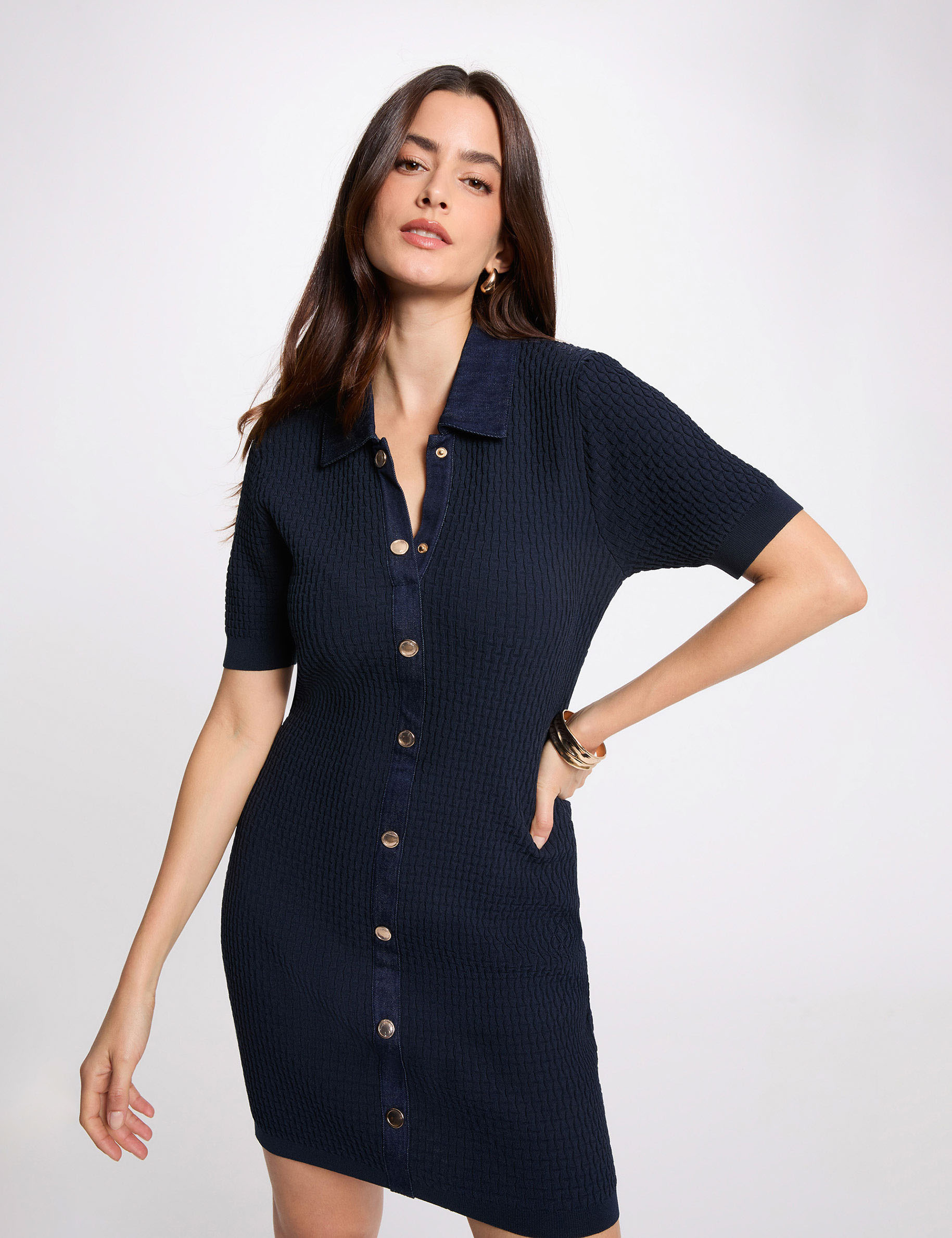 Vestido de punto corto ajustado azul marino mujer