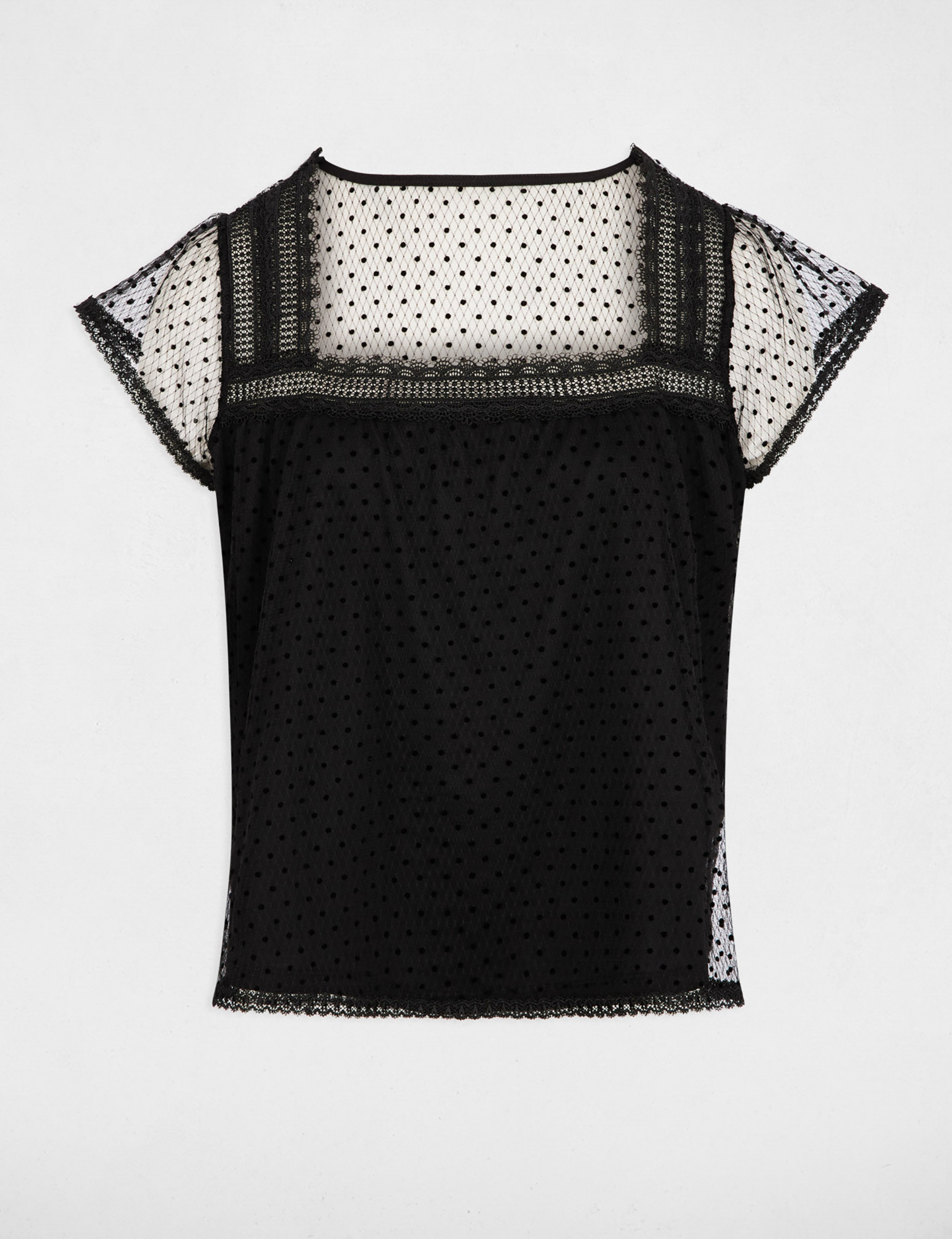 Camiseta encaje cuello cuadrado negro mujer