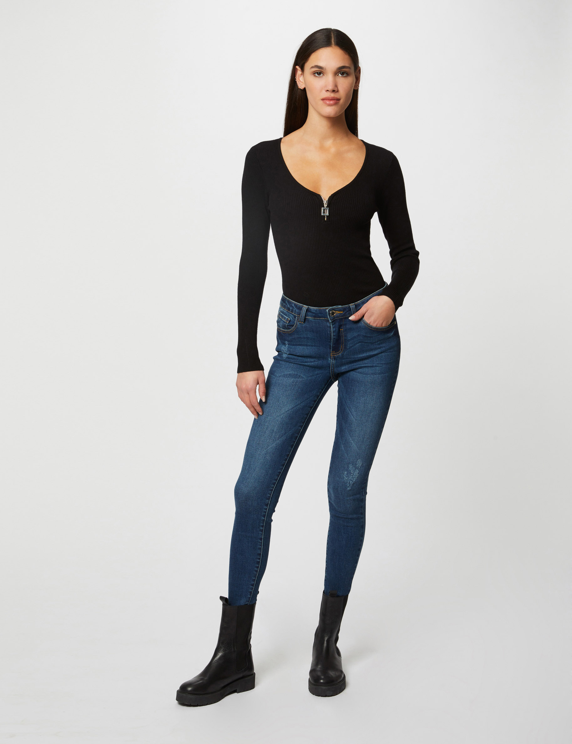 Jersey manga larga detalle cremallera negro mujer