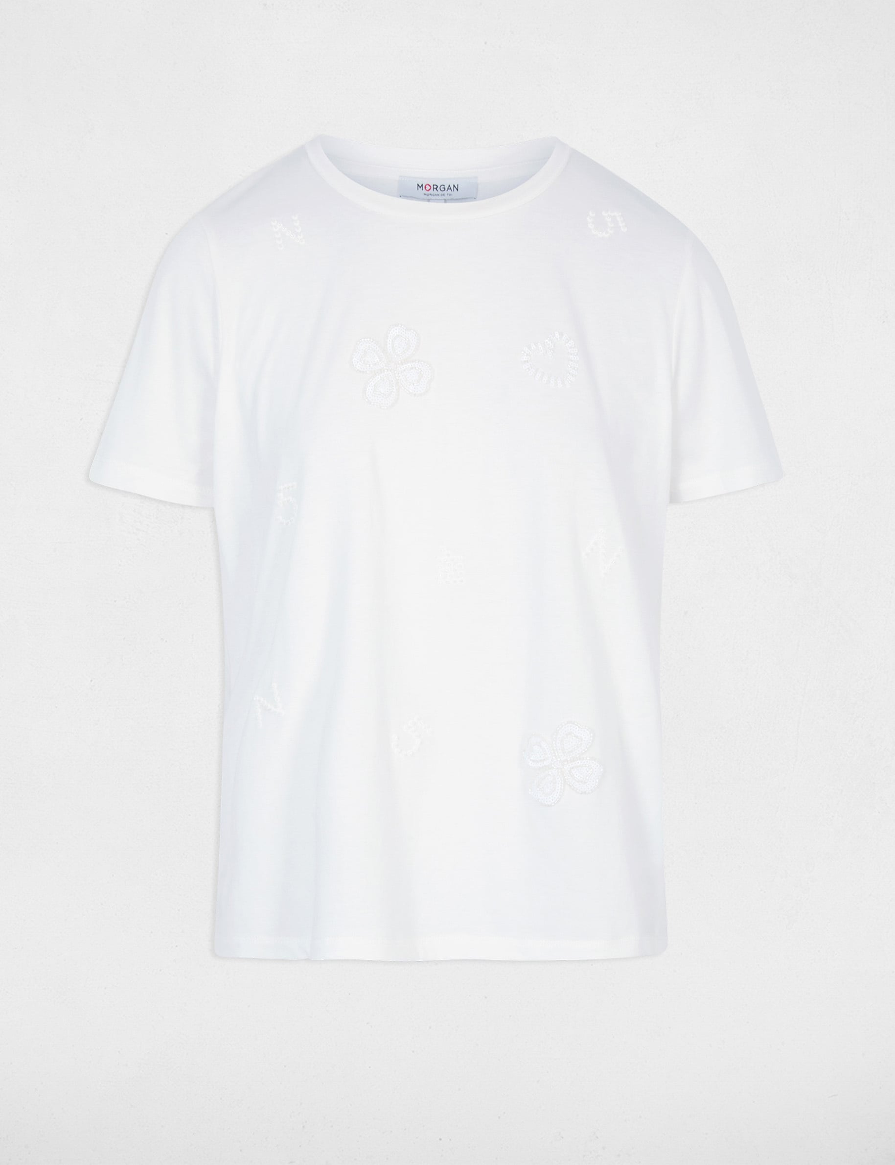 Camiseta bordada cuello redondo blanco mujer