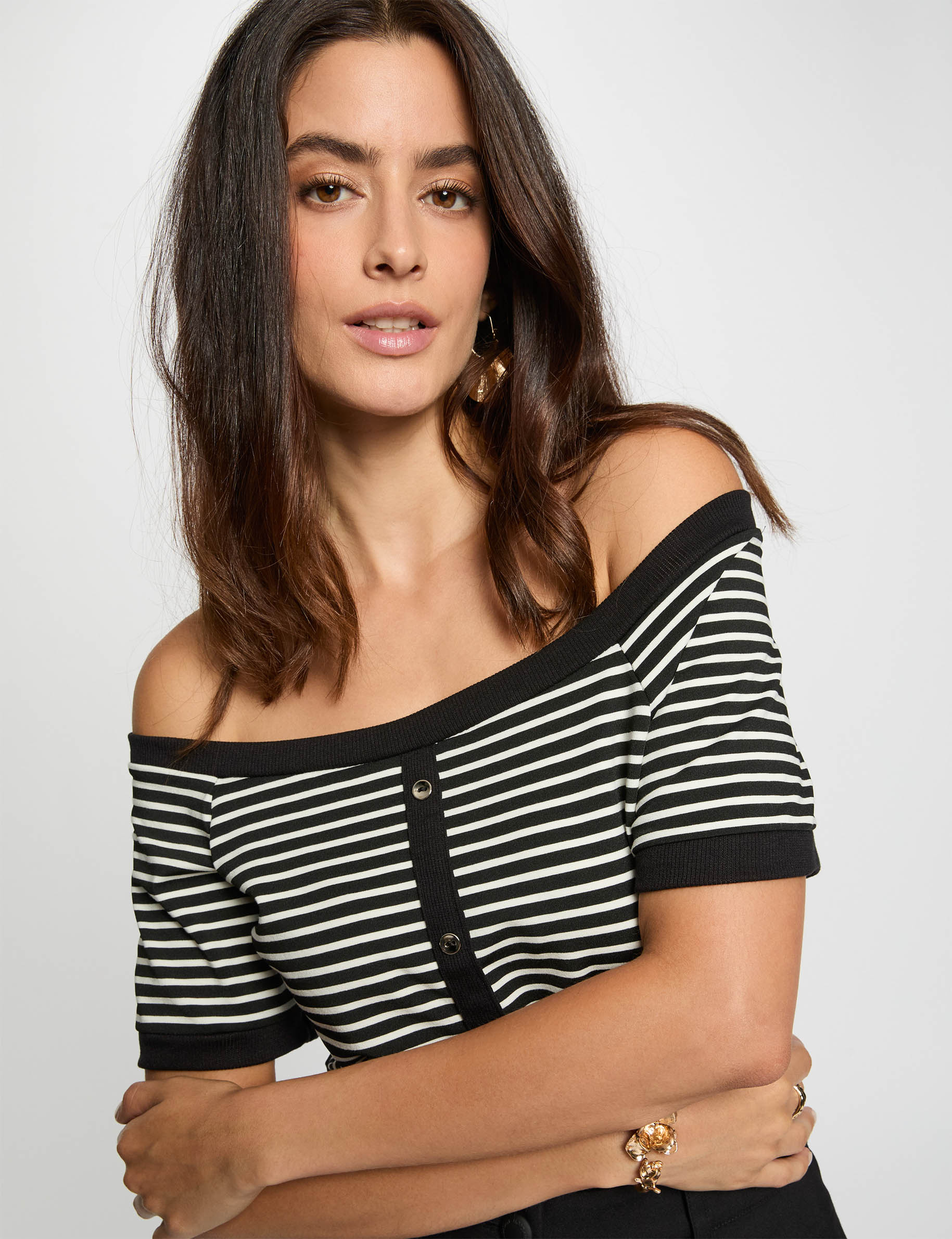 camiseta de rayas estilo bardot blanco mujer Camiseta de rayas estilo Bardot blanco mujer