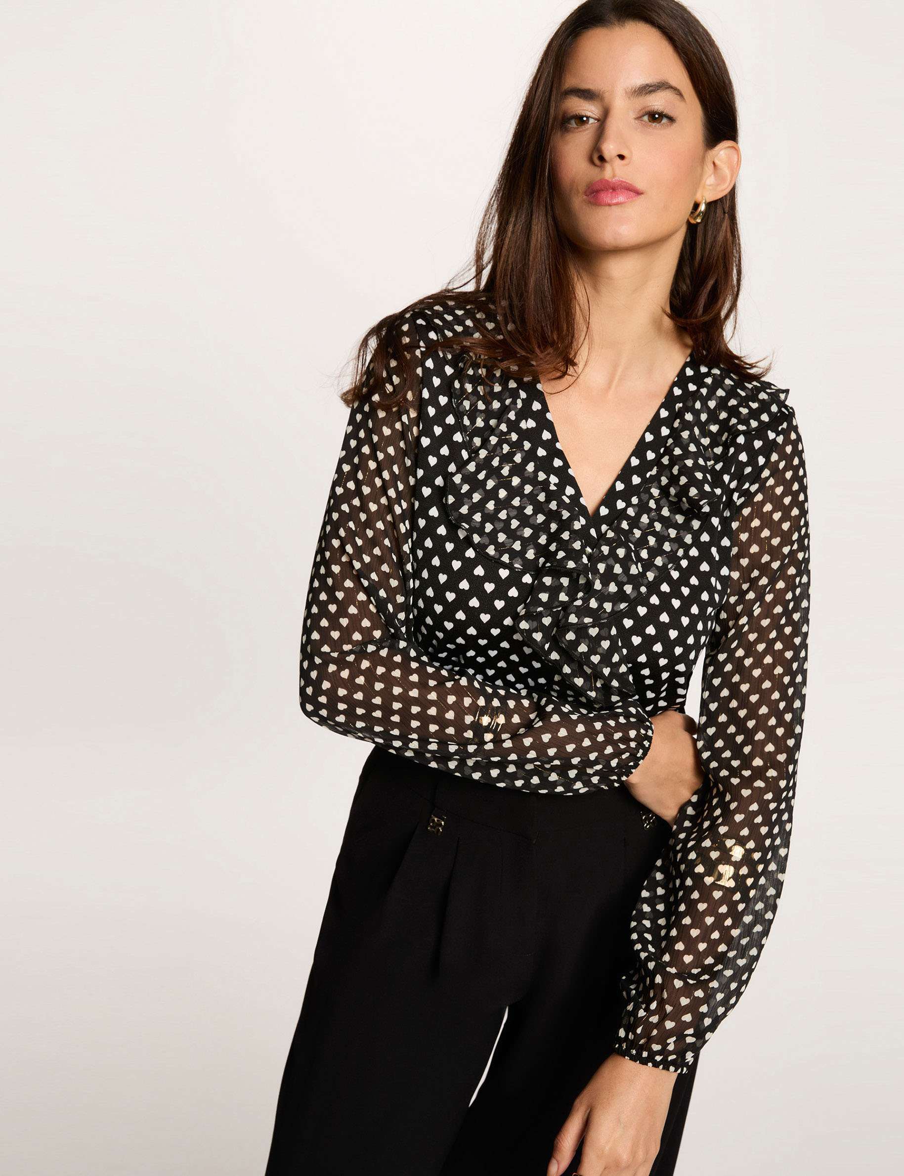 Blusa de gasa con cuello en v negro mujer