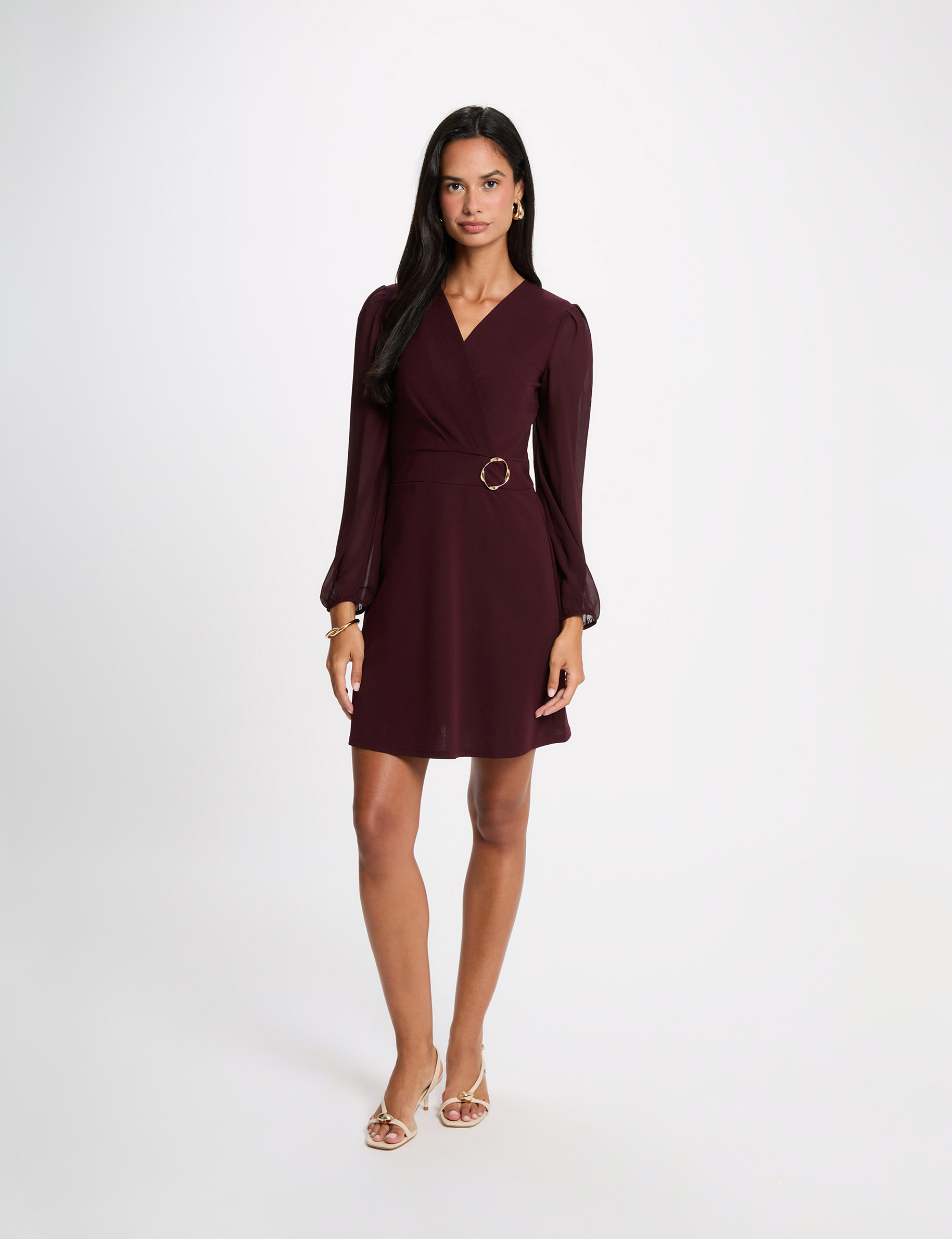 Vestido corto de gasa burdeos mujer