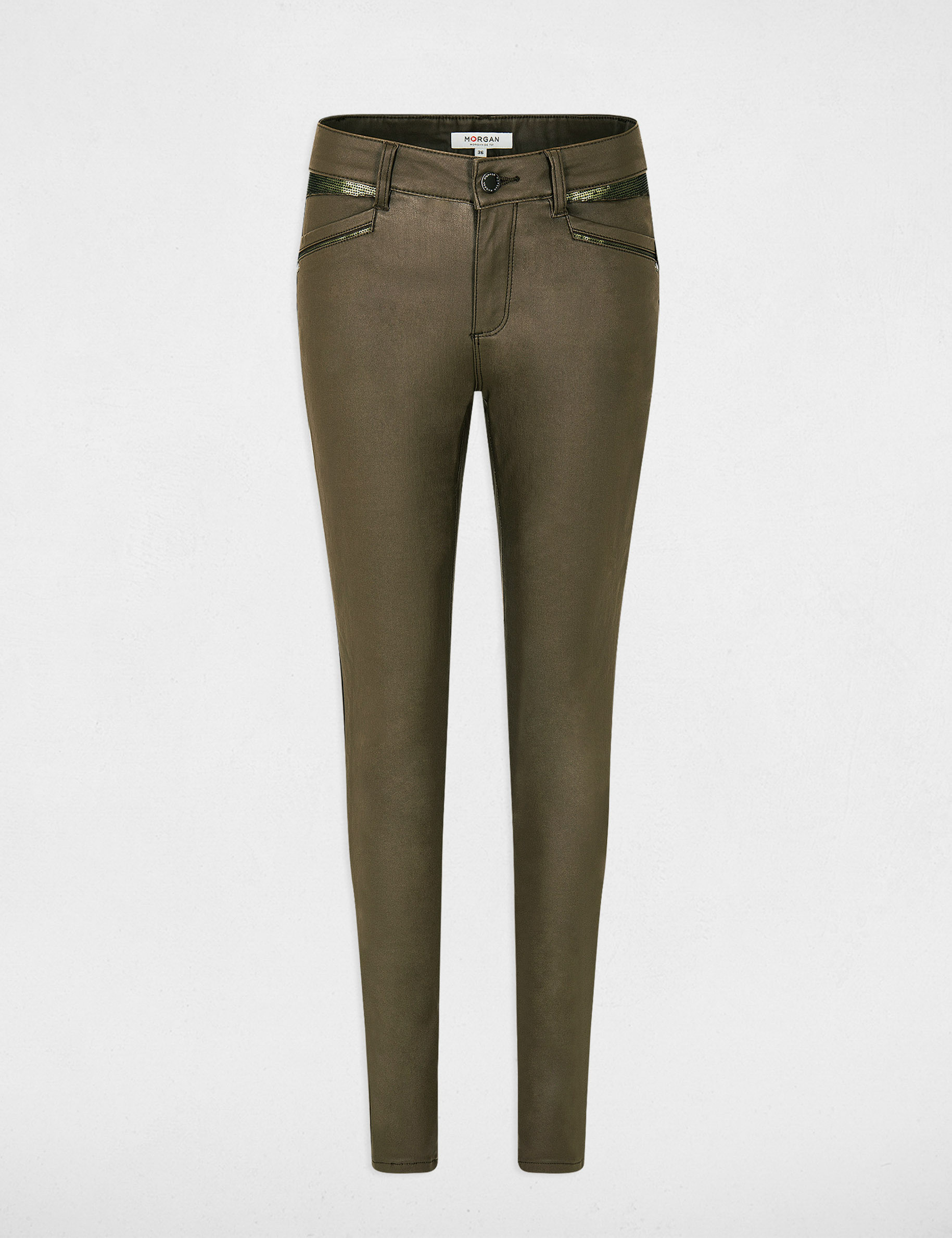 Pantalón skinny efecto mojado verde caqui mujer
