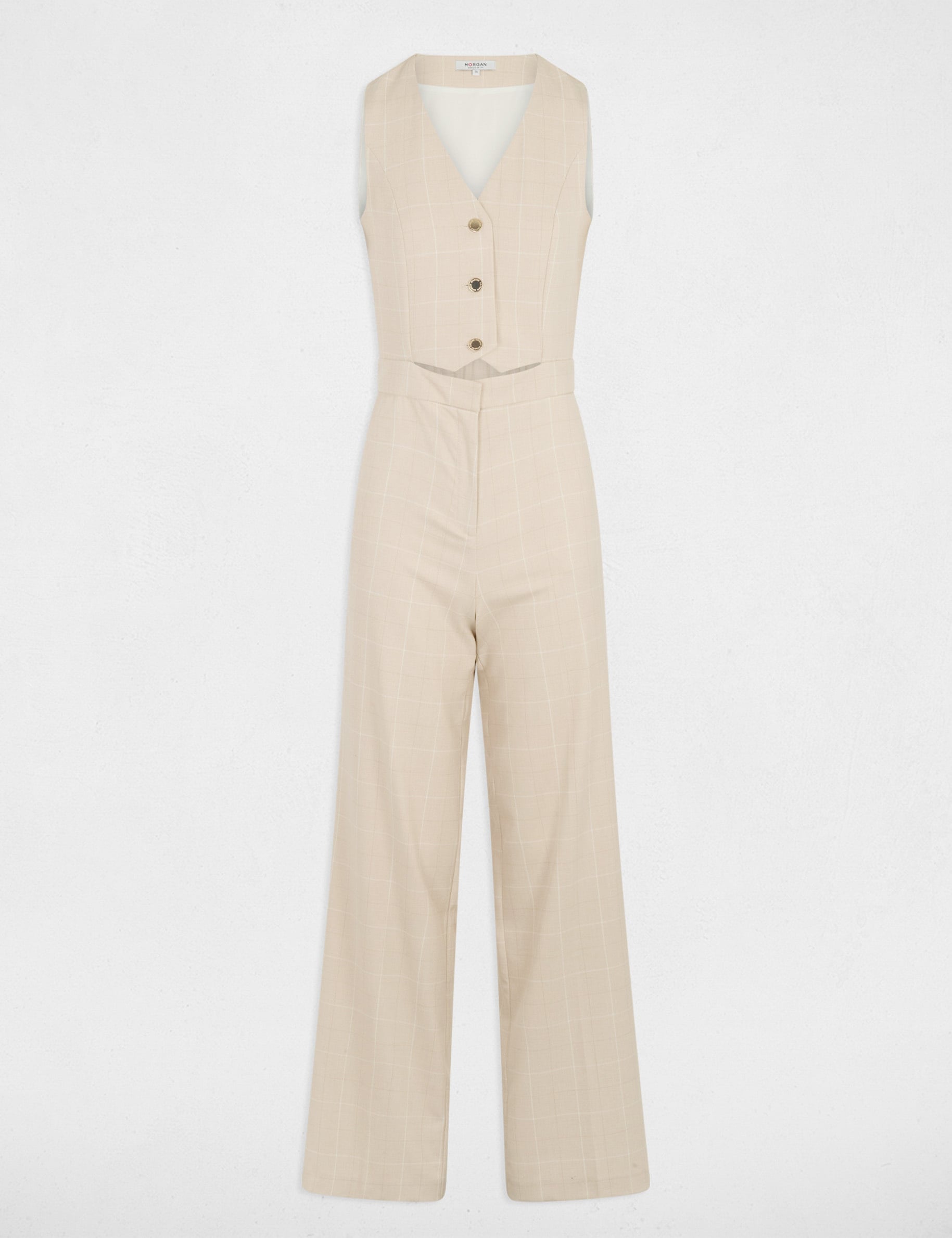 Mono ancho con cuello en v beige mujer