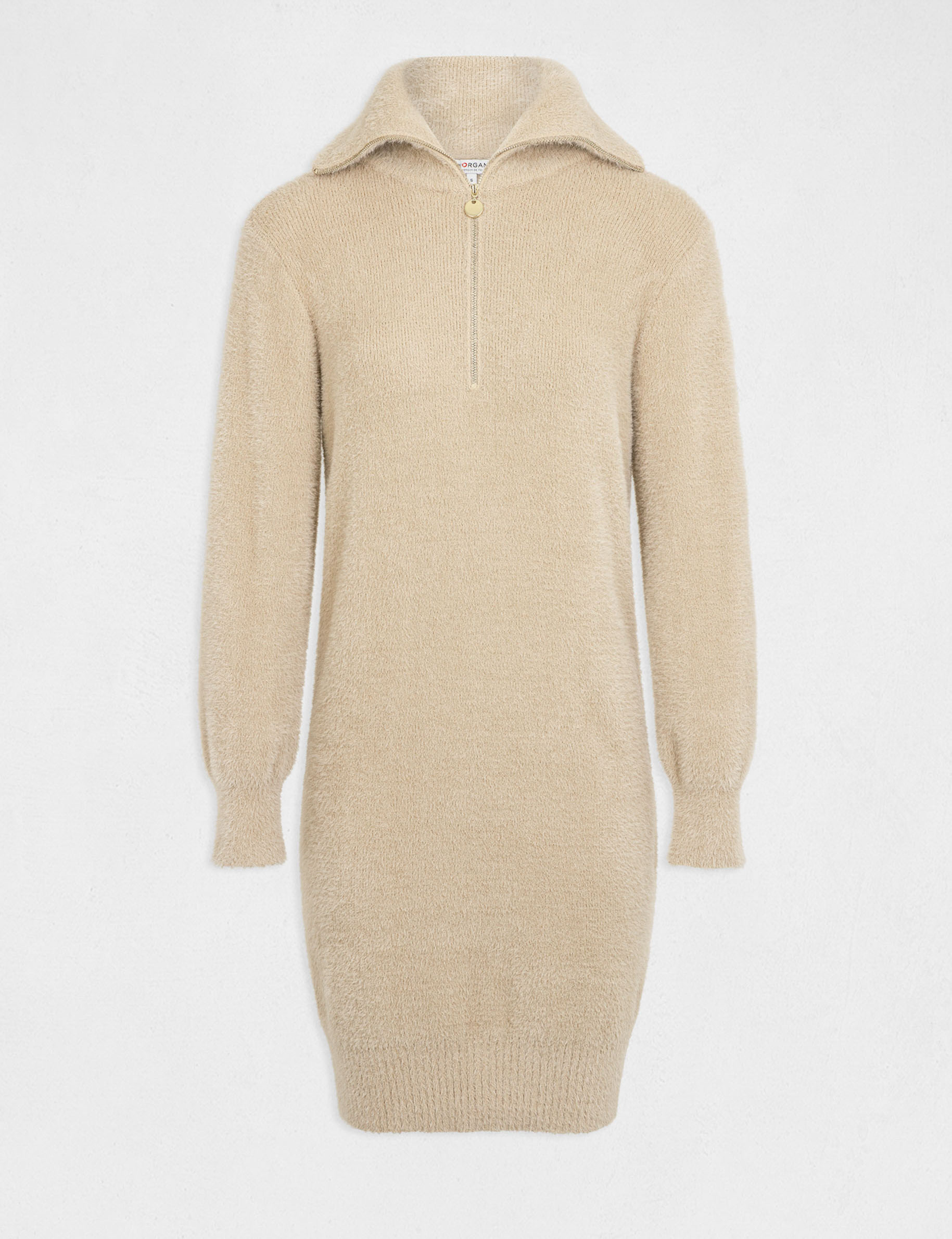 vestido de punto cuello con cremallera beige mujer Vestido de punto cuello con cremallera beige mujer