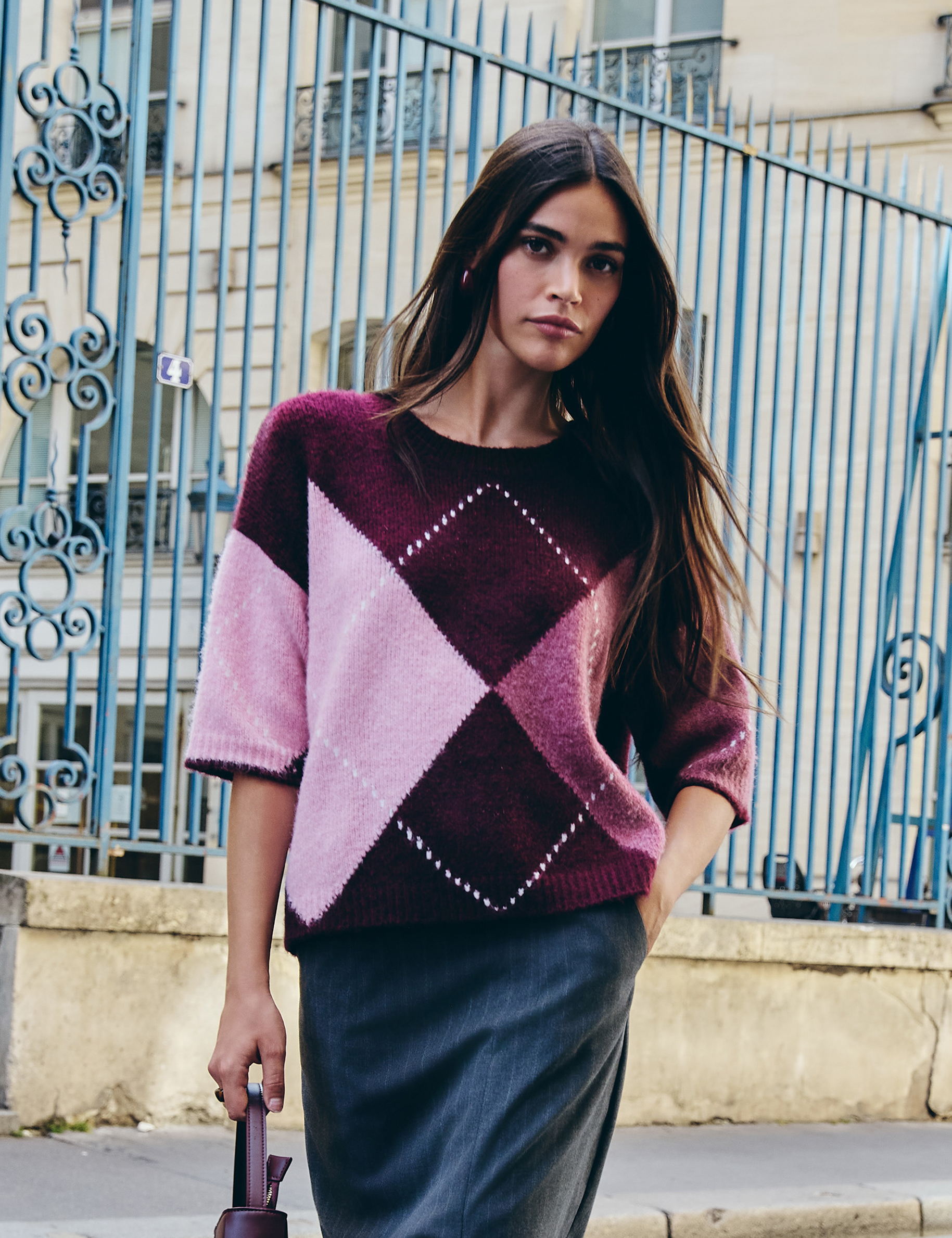 Jersey jacquard cuello redondo ciruela mujer