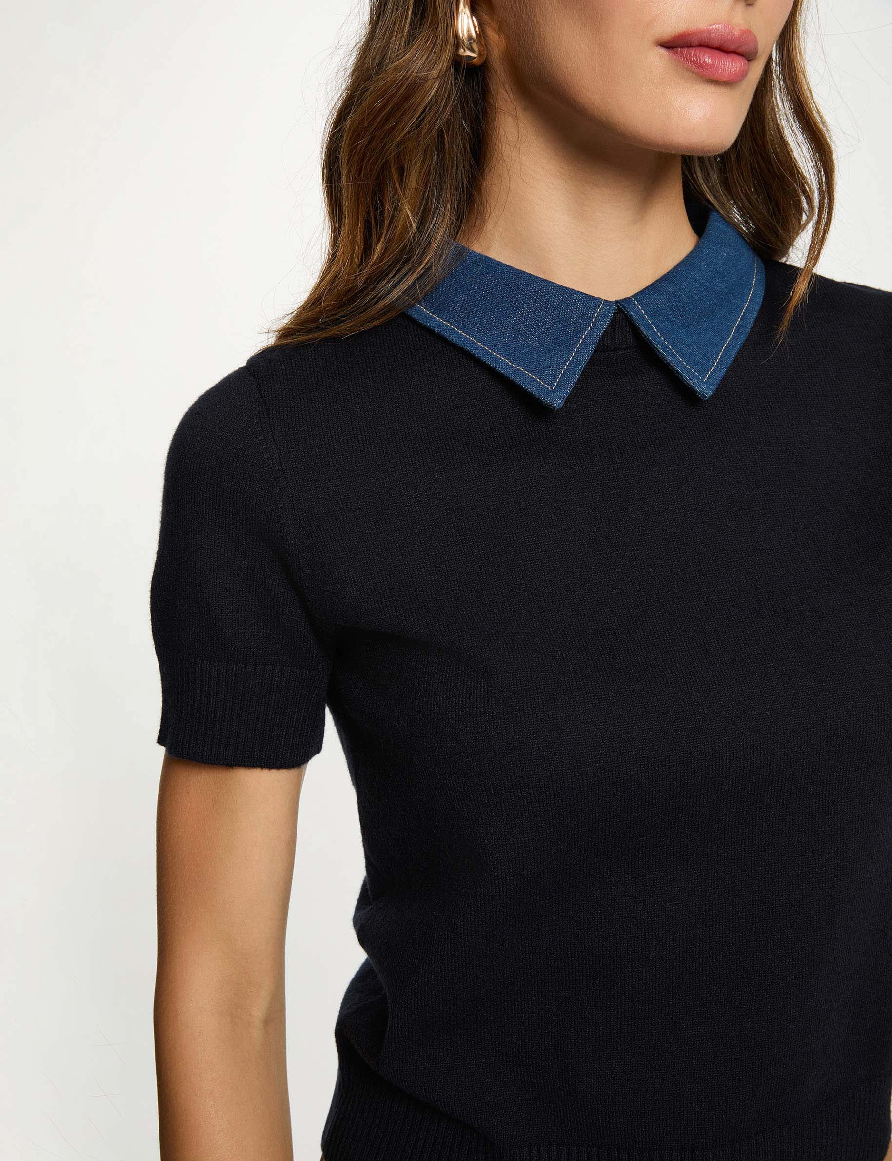Jersey corto con cuello de camisa azul marino mujer