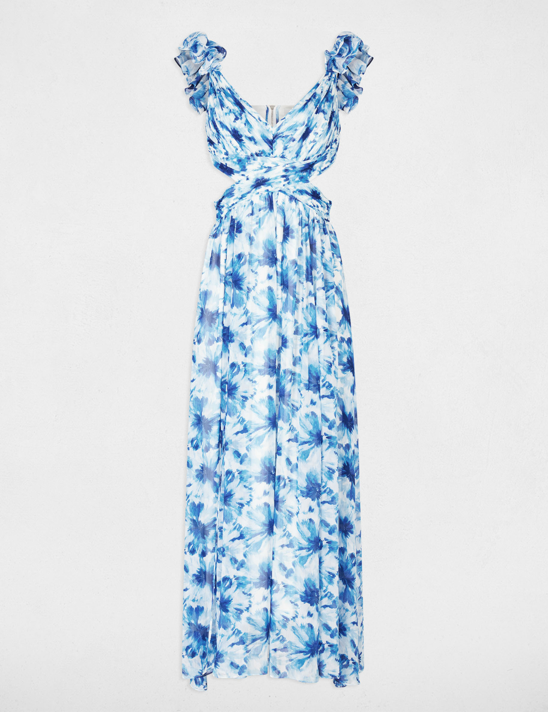 Vestido largo floral acampanado azul marino mujer