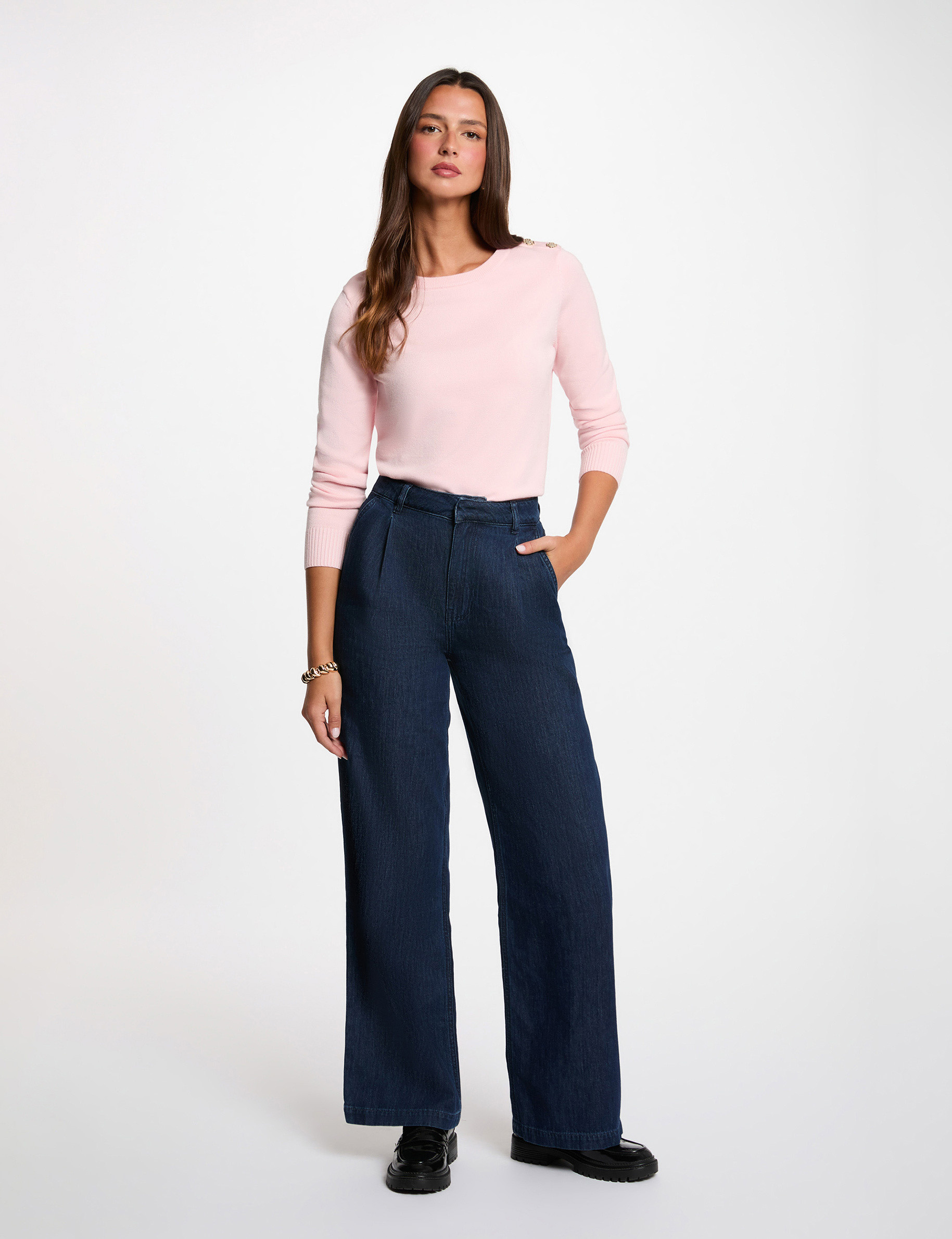 Jersey cuello redondo con botones rosa claro mujer