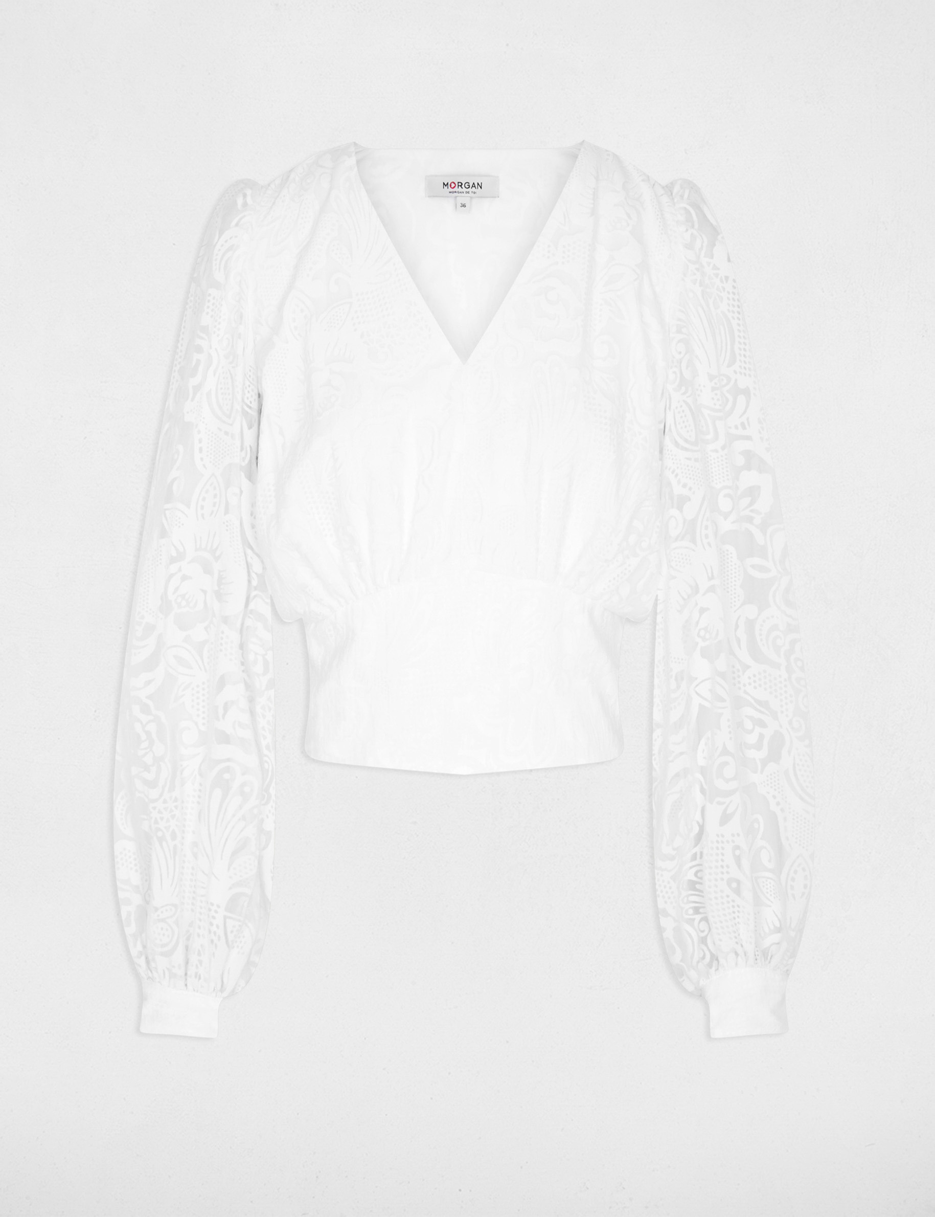 Blusa jacquard cuello v blanco mujer