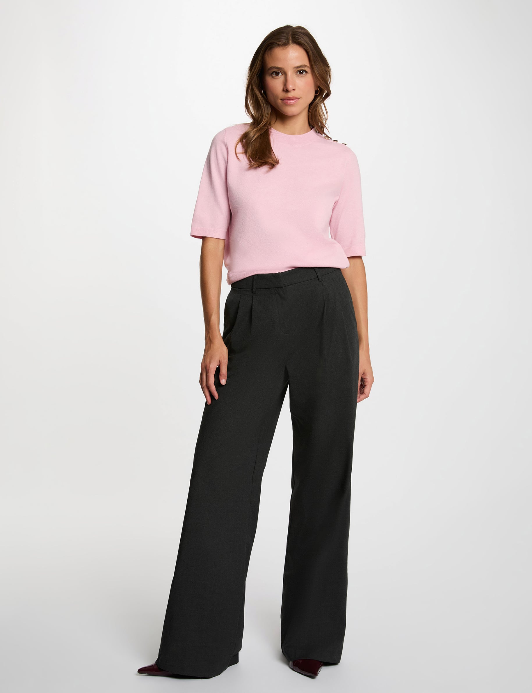 Jersey cuello redondo mangas cortas rosa pastel mujer