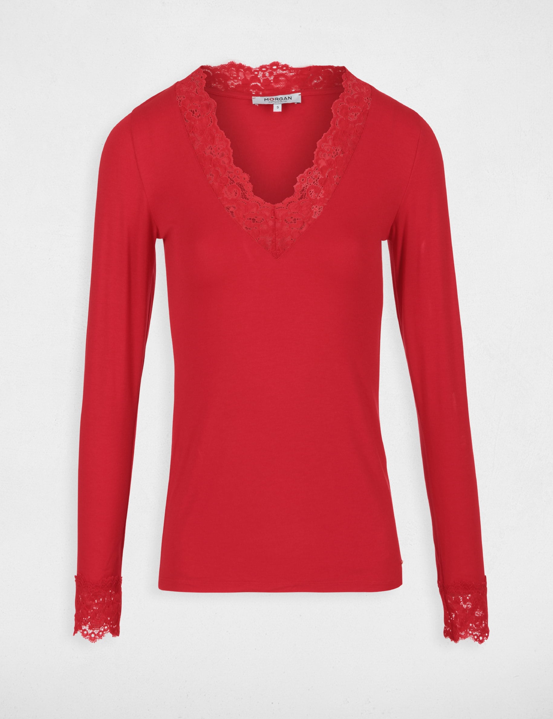 Camiseta de manga larga con encaje rojo mujer