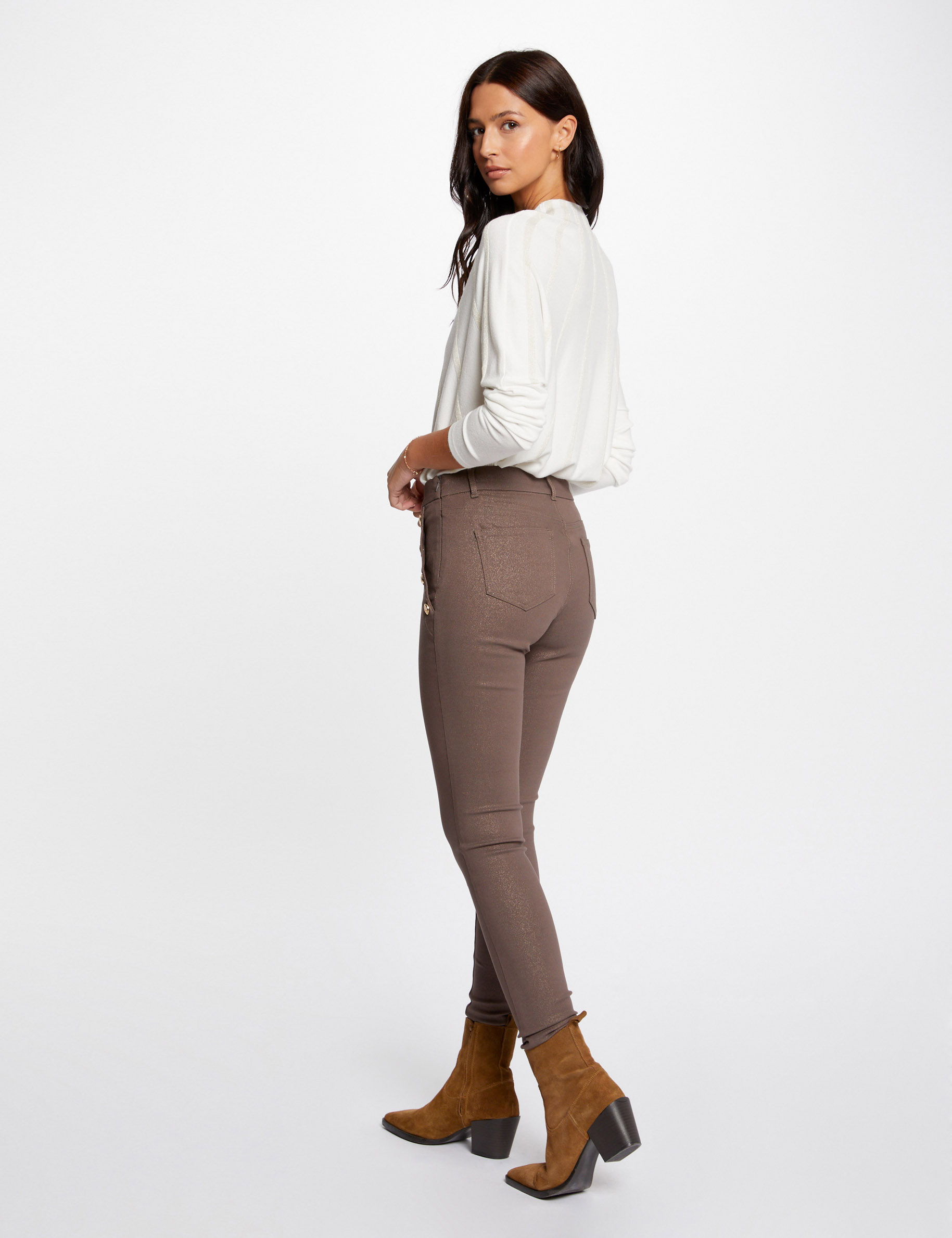 Pantal¿n skinny mojado con botones topo mujer