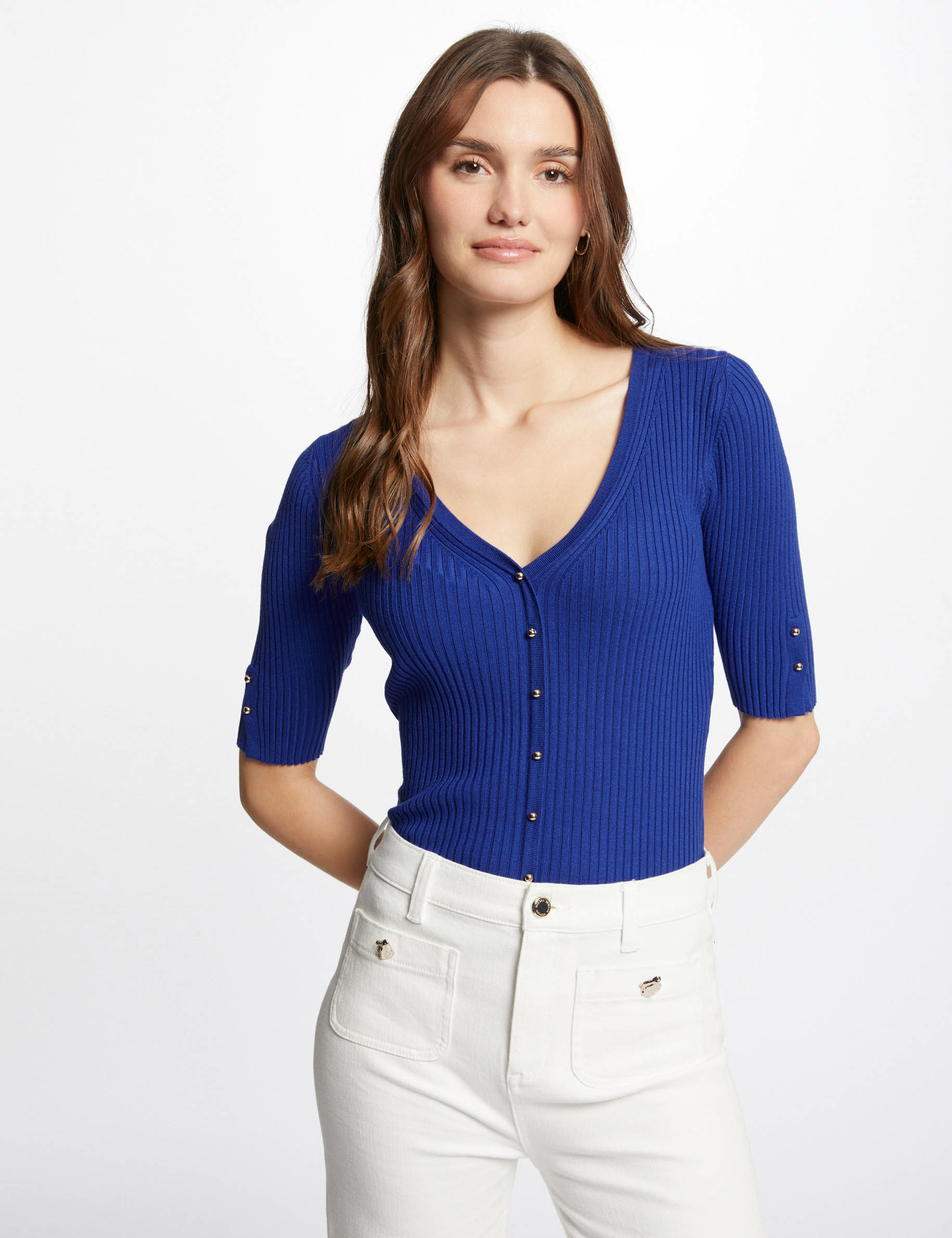 Jersey escote en V manga corta azul eléctrico mujer