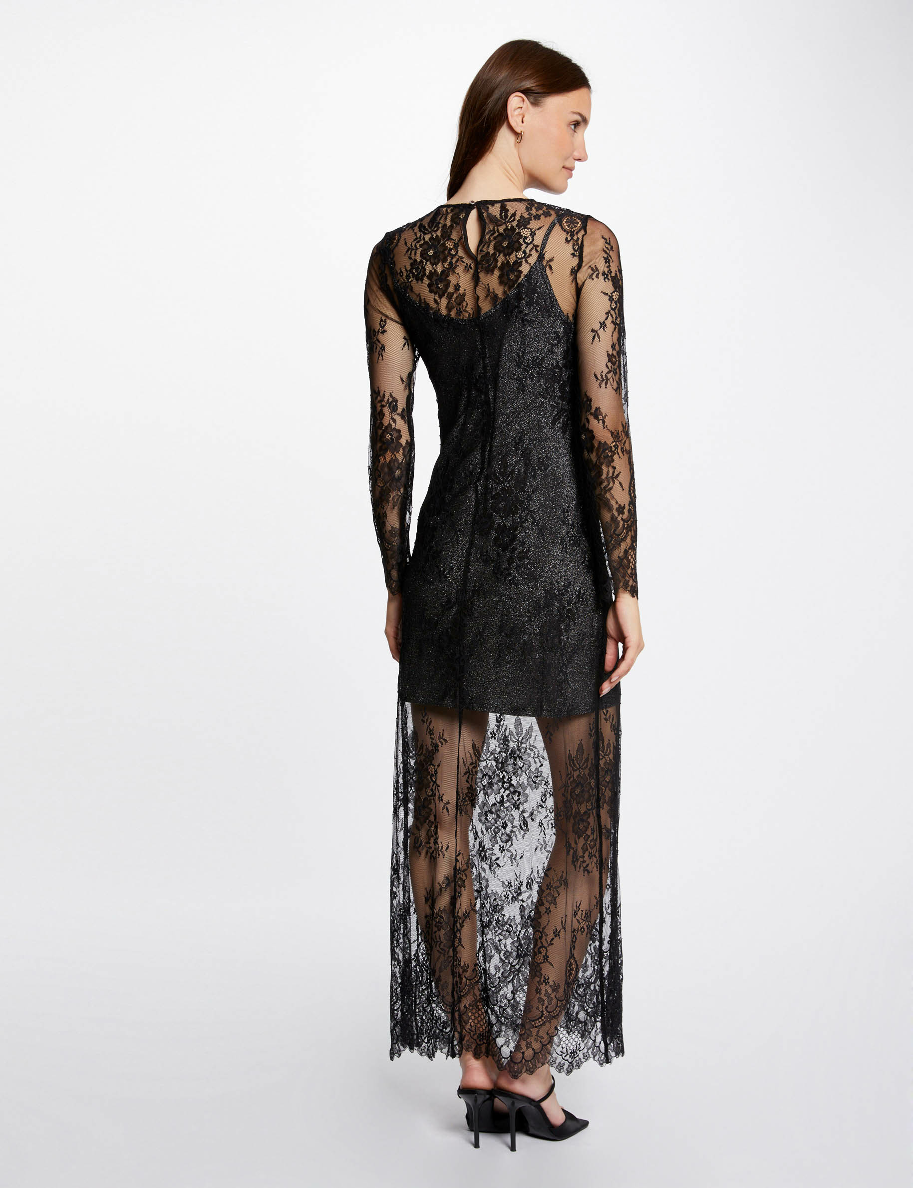 Vestido largo recto de encaje negro mujer