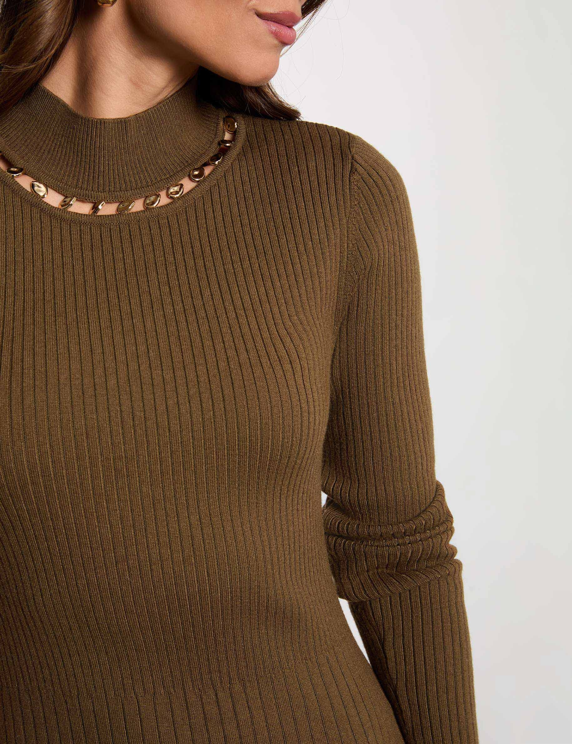 Vestido de punto con cuello alto verde caqui mujer
