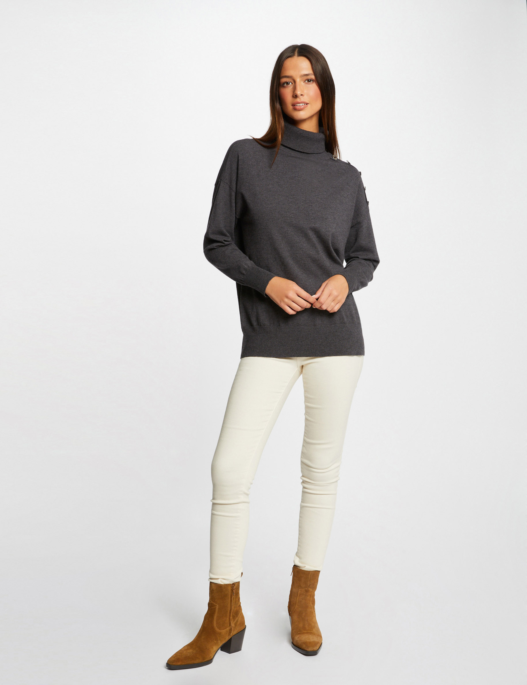 jersey manga larga cuello de tortuga gris anthracite mujer Jersey manga larga cuello de tortuga gris anthracite mujer