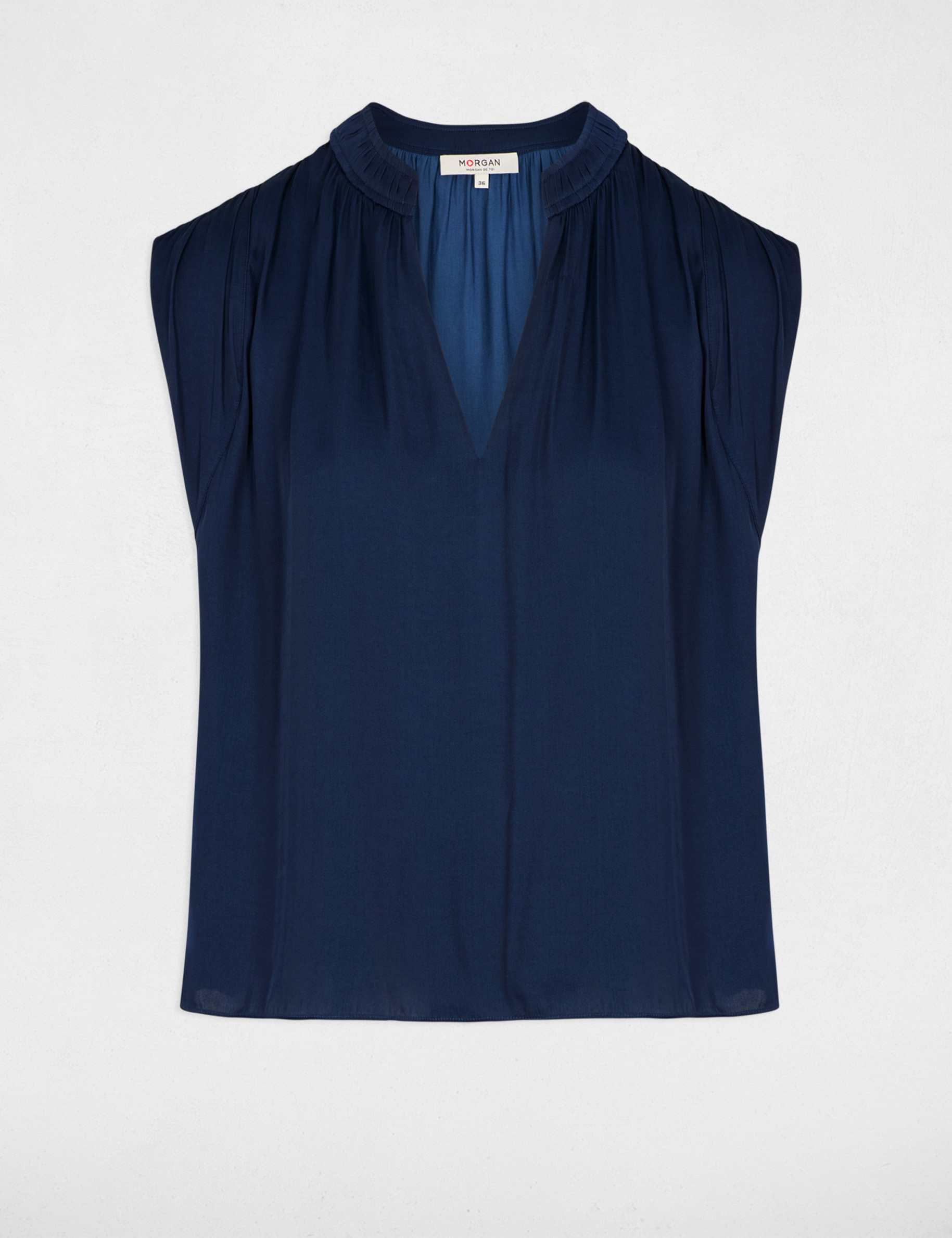 Blusa manga corta satinada azul marino mujer
