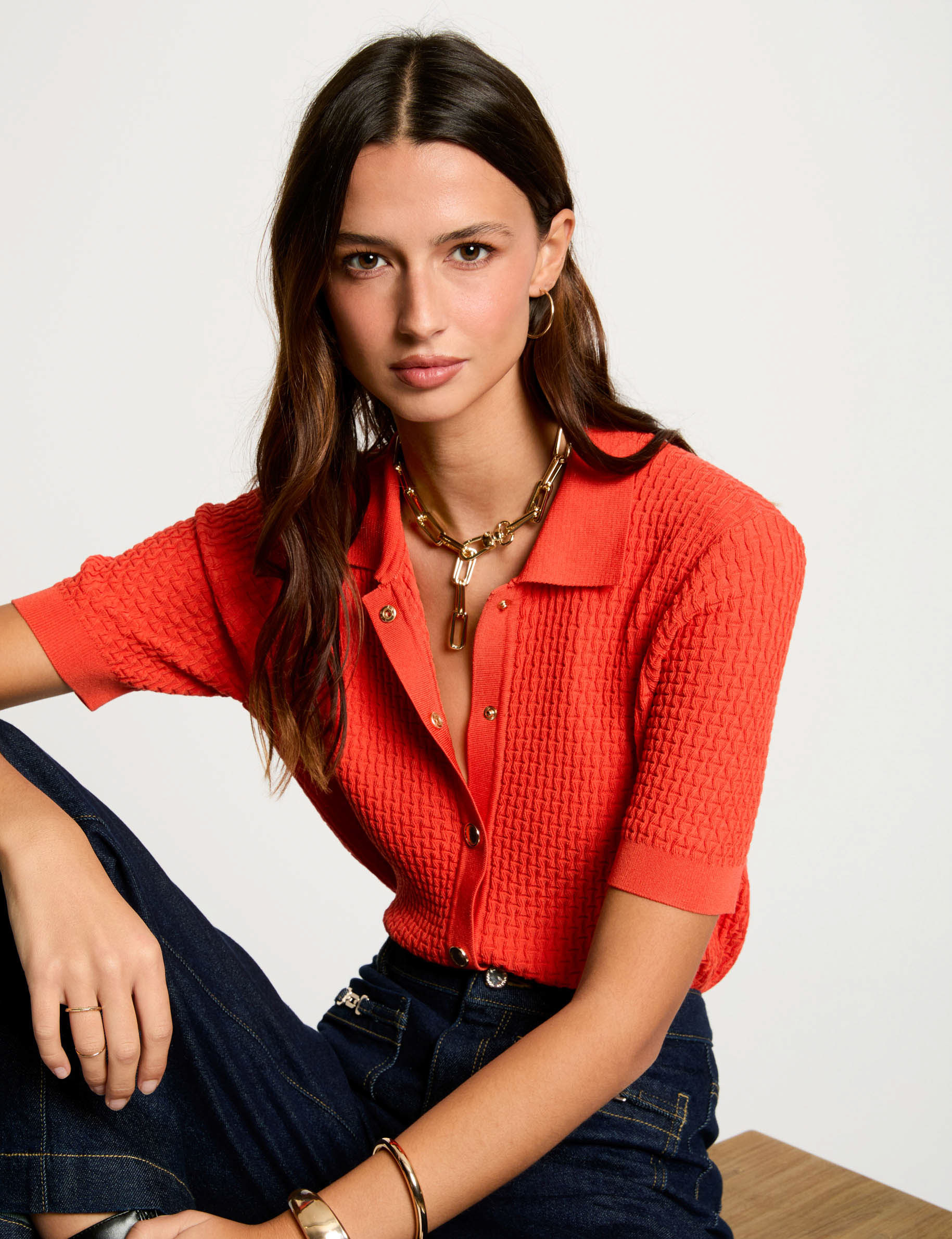 cardigan manga corta naranja oscuro mujer Cárdigan manga corta naranja oscuro mujer